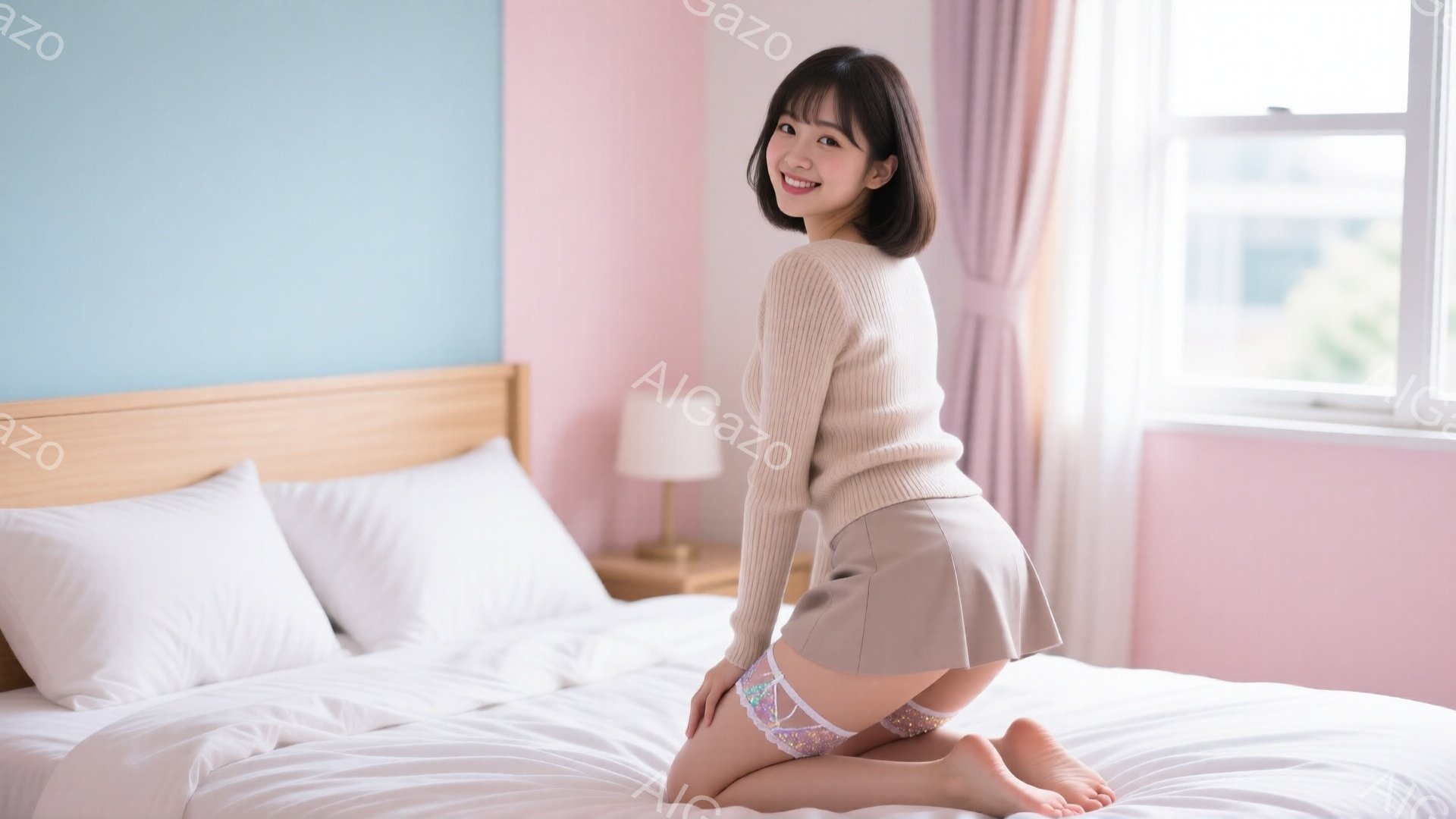 明るい茶色のニットセーターとベージュのミニスカートを着用した若い女性が、白いベッドの上にひざまずいて立っています。彼女は微笑んでおり、長い茶色の髪は肩のあたりでカットされています。背景には、クリーム色 - AI生成フリー素材