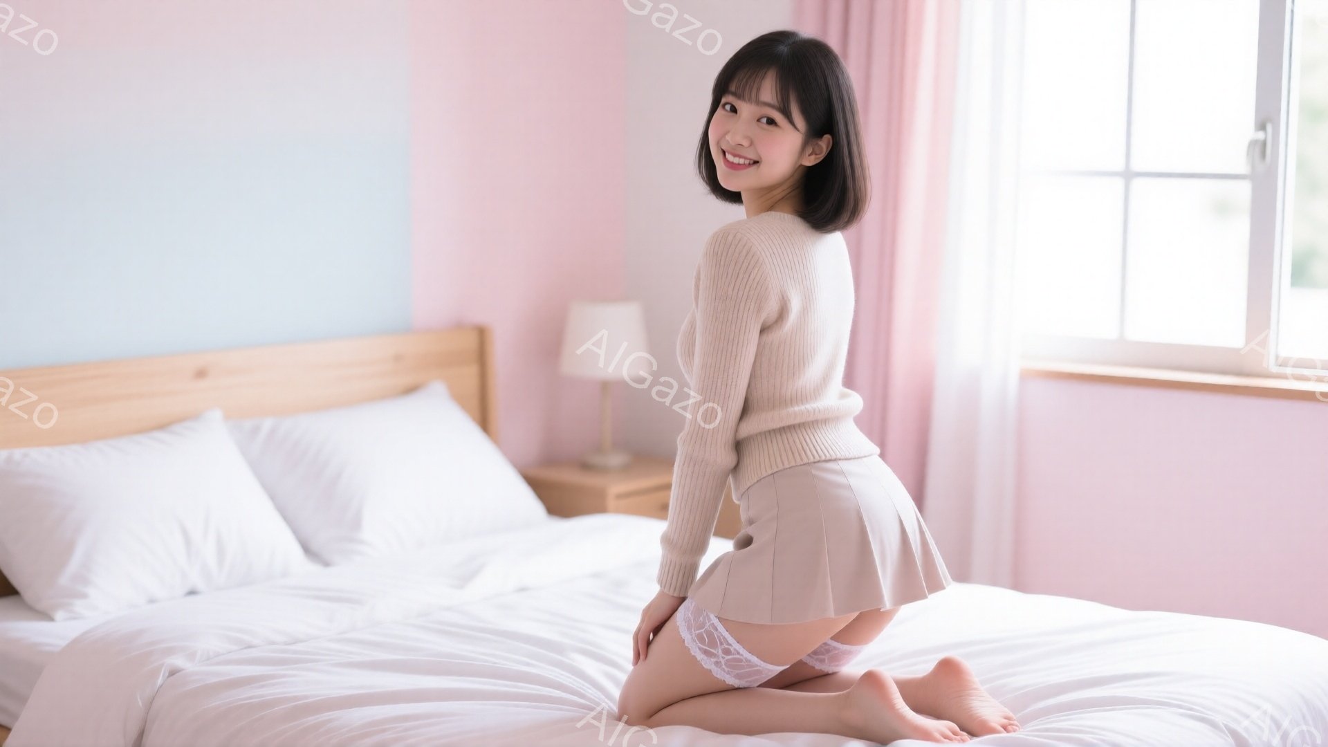 長い茶色の髪を持つ若い女性がベッドの上にひざまずいて微笑んでいます。ベージュの長袖セーターと短いスカートを身に着け、白いレースの下着が覗いています。背景には枕とナイトスタンドがあり、窓から柔らかい光が - AI生成フリー素材
