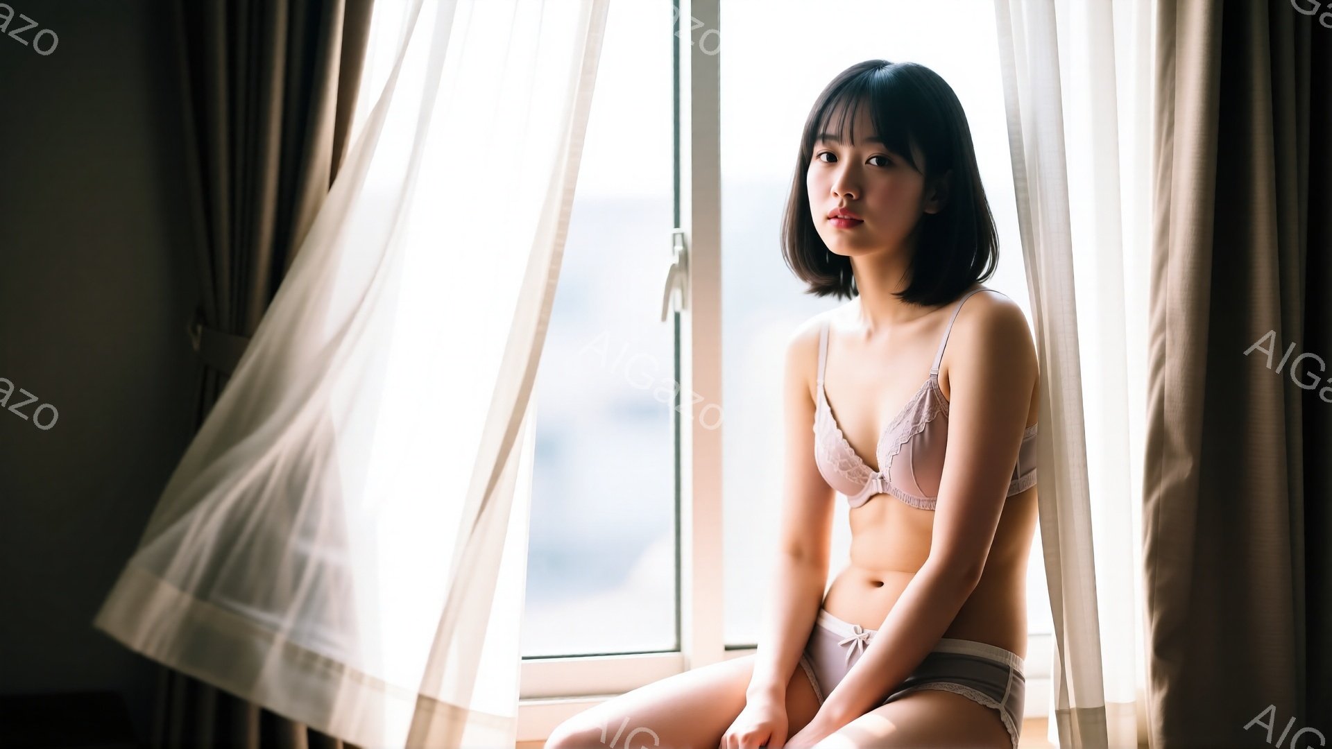 茶色のカーテンのそばの窓際に、若い女性が座っています。彼女は薄いピンクのレースのブラジャーとショーツを身に着け、ダークブラウンの短いボブヘアです。彼女の表情は穏やかで、少し物憂げな様子で、自然光が彼女を照らしています。