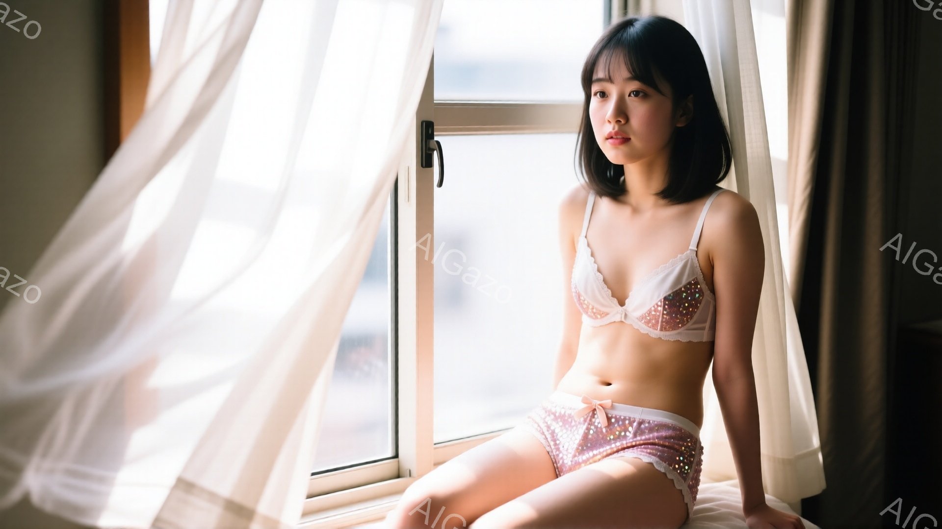 黒髪のボブヘアの女性が、窓辺に腰掛け、淡いピンク色のレースのブラジャーとショーツ姿でこちらを見ている。彼女の表情は少し物憂げで、光が差し込む室内には白いカーテンが風になびいている。背景にはぼやけた建物 - AI生成フリー素材