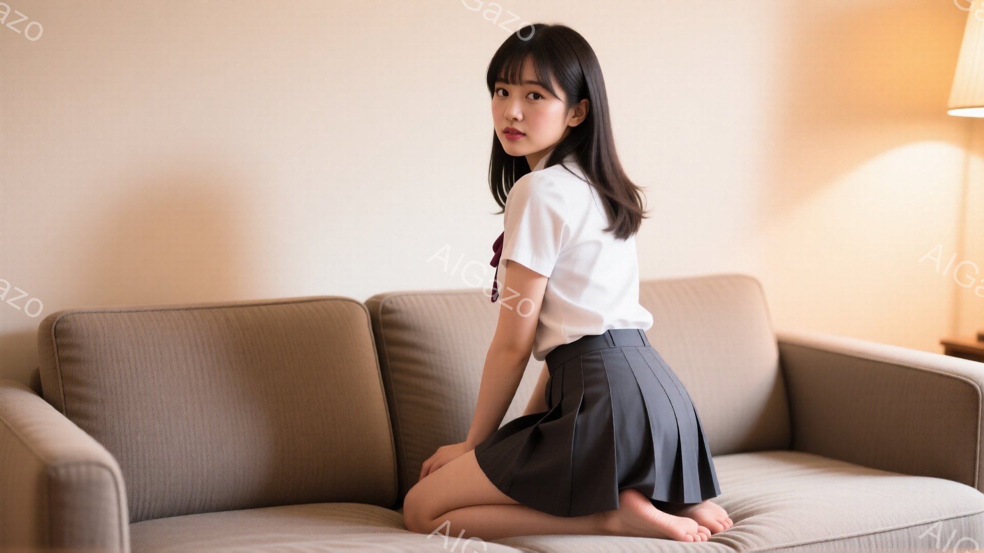 画像は、制服姿の若い女性がベージュ色のソファに膝を曲げて座っている様子を捉えています。彼女は白いシャツにグレーのプリーツスカート、赤いリボンを着用し、長い黒髪が肩にかかっています。明るい室内で、リラッ - AI生成フリー素材
