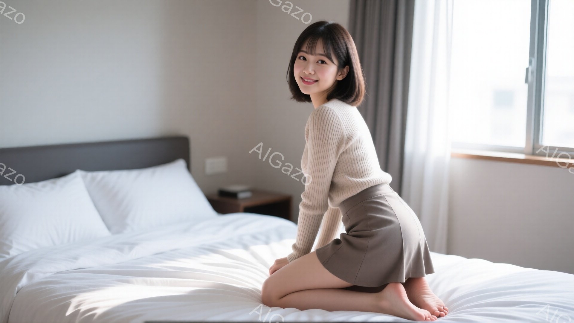 明るい室内で、茶色の髪の女性が白いベッドに膝をついて座っています。ベージュの長袖セーターとミニスカートを身に着け、微笑んでいます。窓から差し込む光がベッドを照らし、背景には都市の風景が見えます。