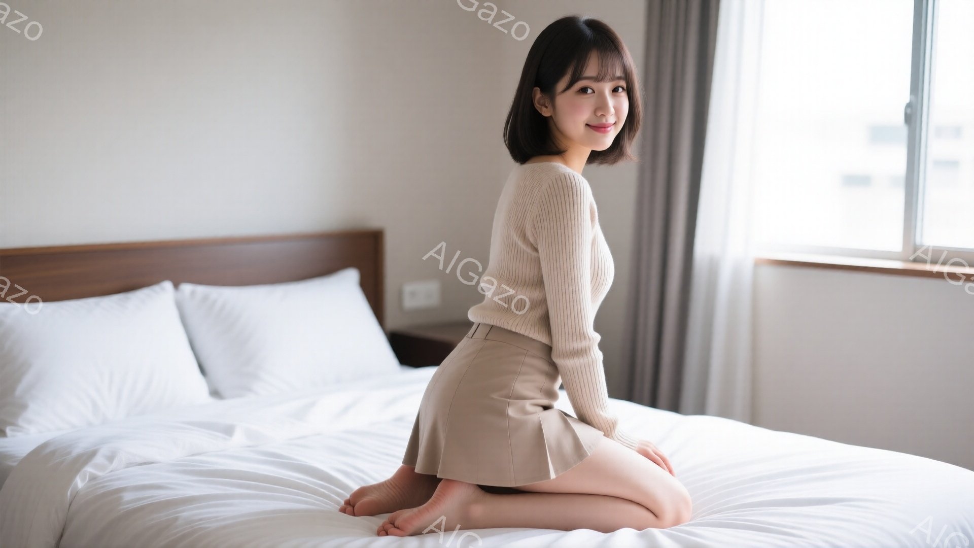 明るい室内で、女性がベッドに膝をついて座っています。ベージュのセーターとスカートを身に着け、足は素足です。彼女は微笑んでいて、柔らかく優しい雰囲気を醸し出しています。 - AI生成フリー素材