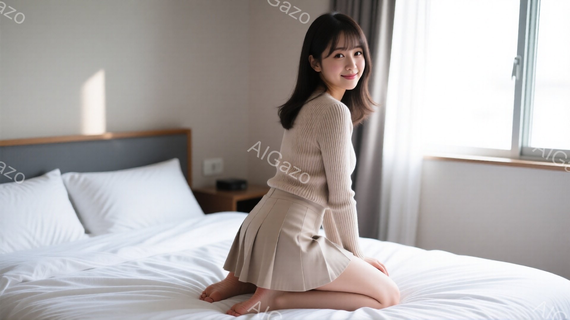 明るい部屋で、茶色のニットセーターと茶色のプリーツスカートを着た若い女性がベッドに膝をついて座っています。彼女は笑顔でカメラを見つめ、ロングヘアは肩にかかっています。背景には白い枕と窓があり、室内は明 - AI生成フリー素材