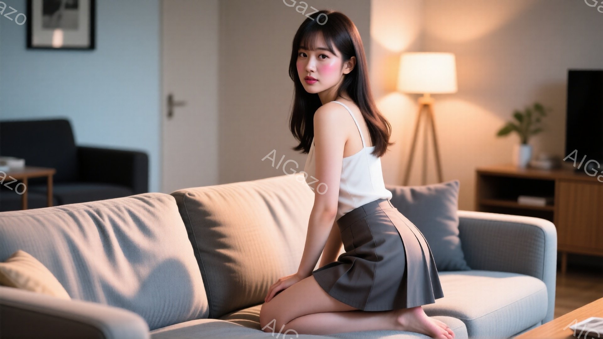 長い黒髪で、前髪が少し流れた女性が、ベージュのキャミソールとグレーのプリーツスカートを身につけて、灰色のソファに膝を曲げて座っています。彼女は振り返っており、少し微笑んでいるように見え、リラックスした - AI生成フリー素材