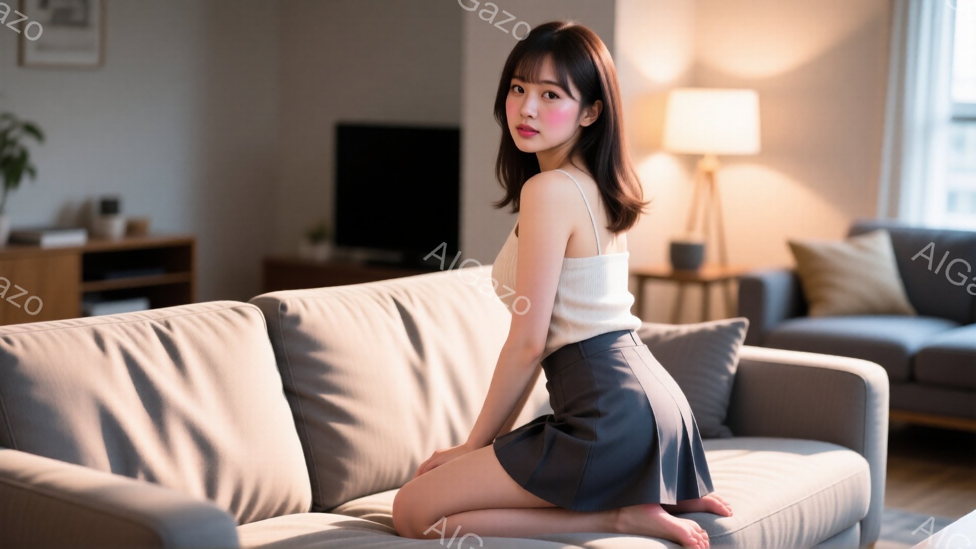 長いダークブラウンの髪を持つ若い女性が、リビングルームのグレーのソファにひざまずいて座っています。オフホワイトのキャミソールとダークグレーのミニスカートを着用し、素足で、少し振り返ってこちらを見ていま - AI生成フリー素材
