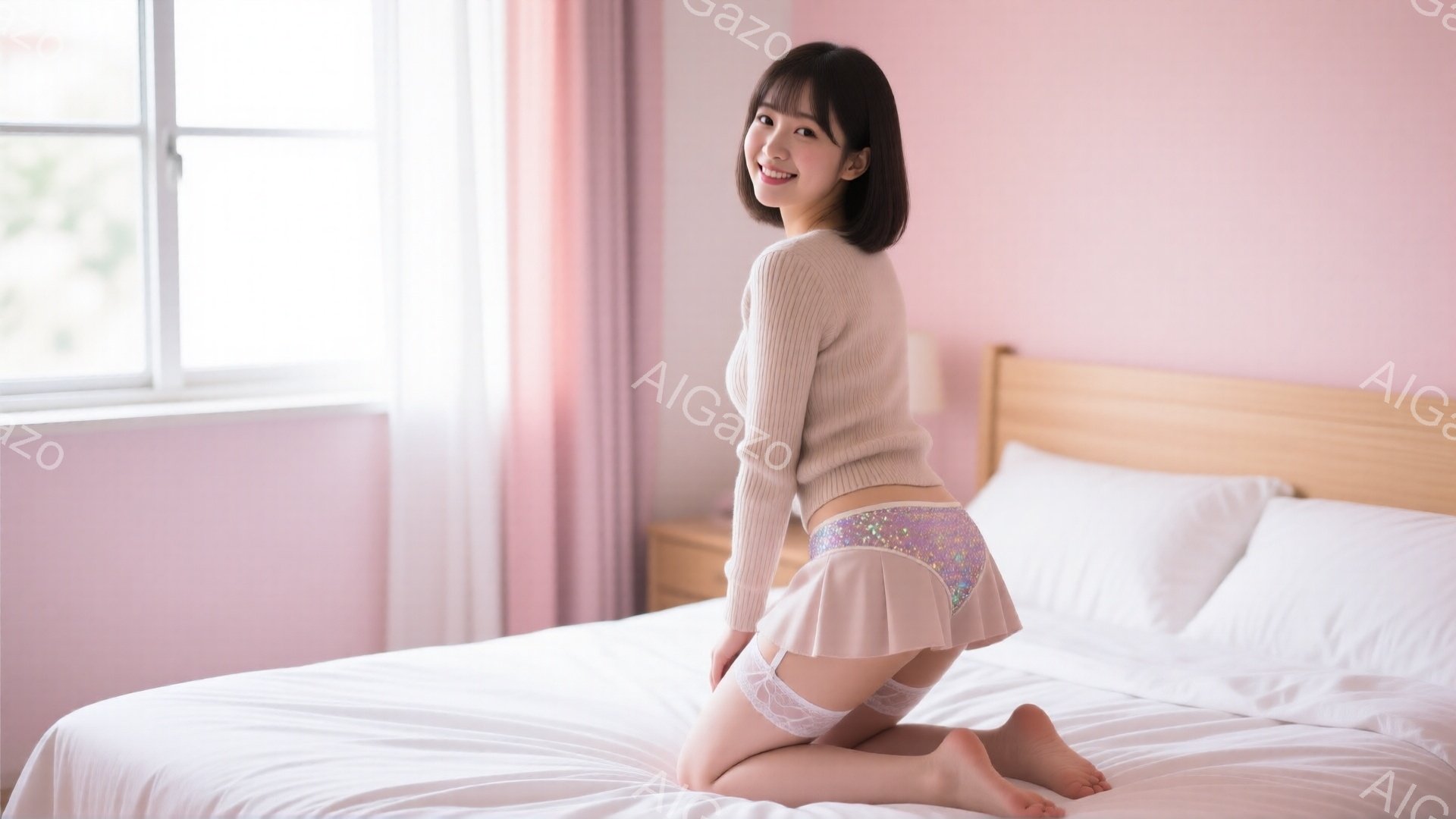 明るいピンク色の部屋で、茶色の長袖セーターと薄いピンクのプリーツスカートを着た女性がベッドの上に膝をついています。彼女は笑顔でカメラを見つめ、茶色の髪は肩のあたりでカットされています。背景には木製のナ - AI生成フリー素材