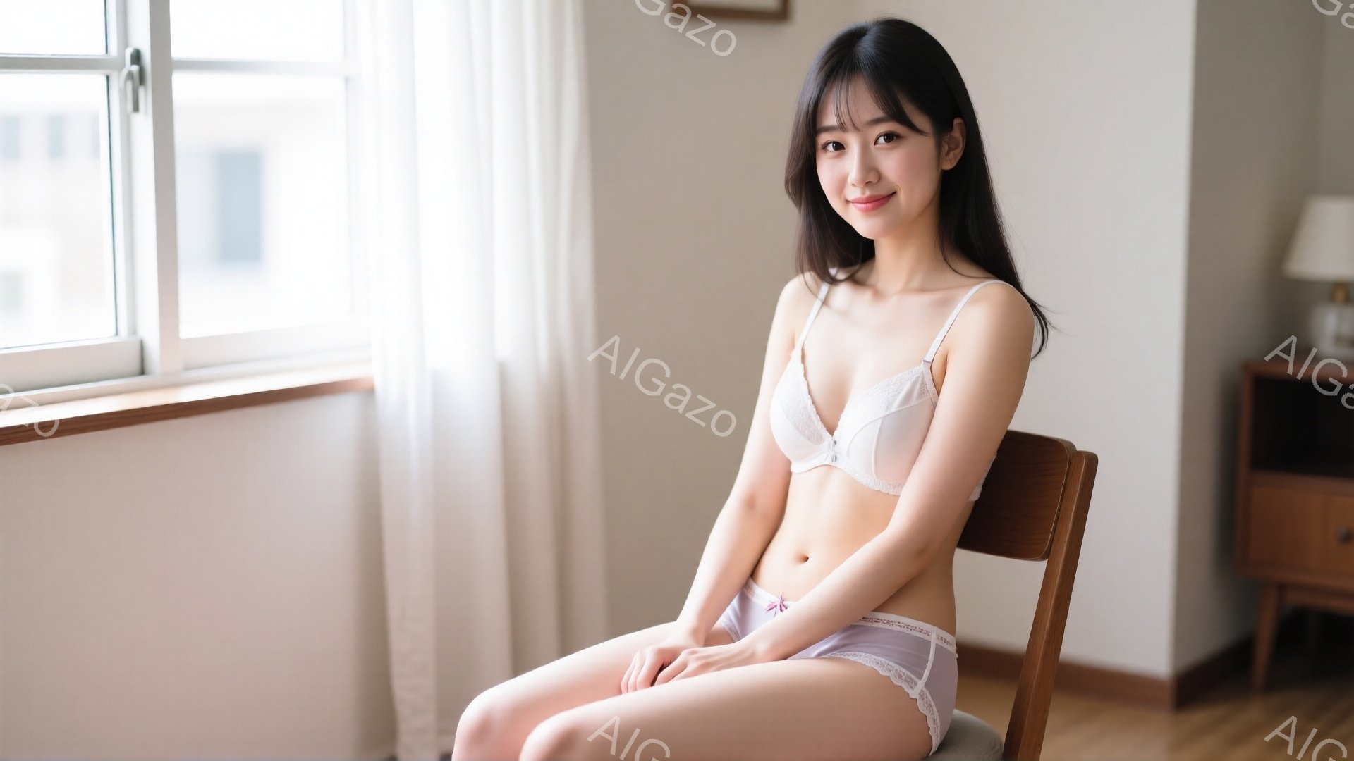 長い黒髪の女性が椅子に座っており、白いブラジャーとショーツ姿でこちらを見ている。彼女は微笑んでおり、リラックスした雰囲気で、背景には木製の家具と窓が見える。室内は明るく、穏やかな雰囲気が漂っている。 - AI生成フリー素材