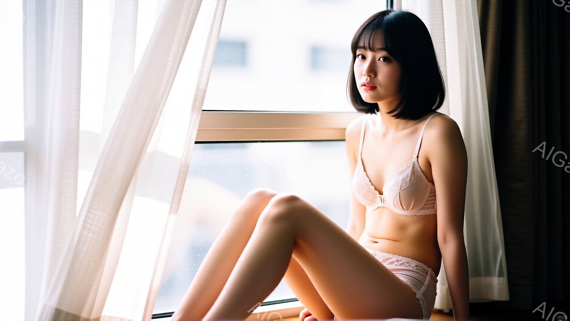 明るい光が差し込む窓辺に、茶色の短い髪の女性が座っています。ベージュのレースのブラとショーツ姿で、少し物憂げな表情で前を見つめています。背景にはぼやけた都市の景色が見え、白いカーテンが柔らかい光を和ら - AI生成フリー素材