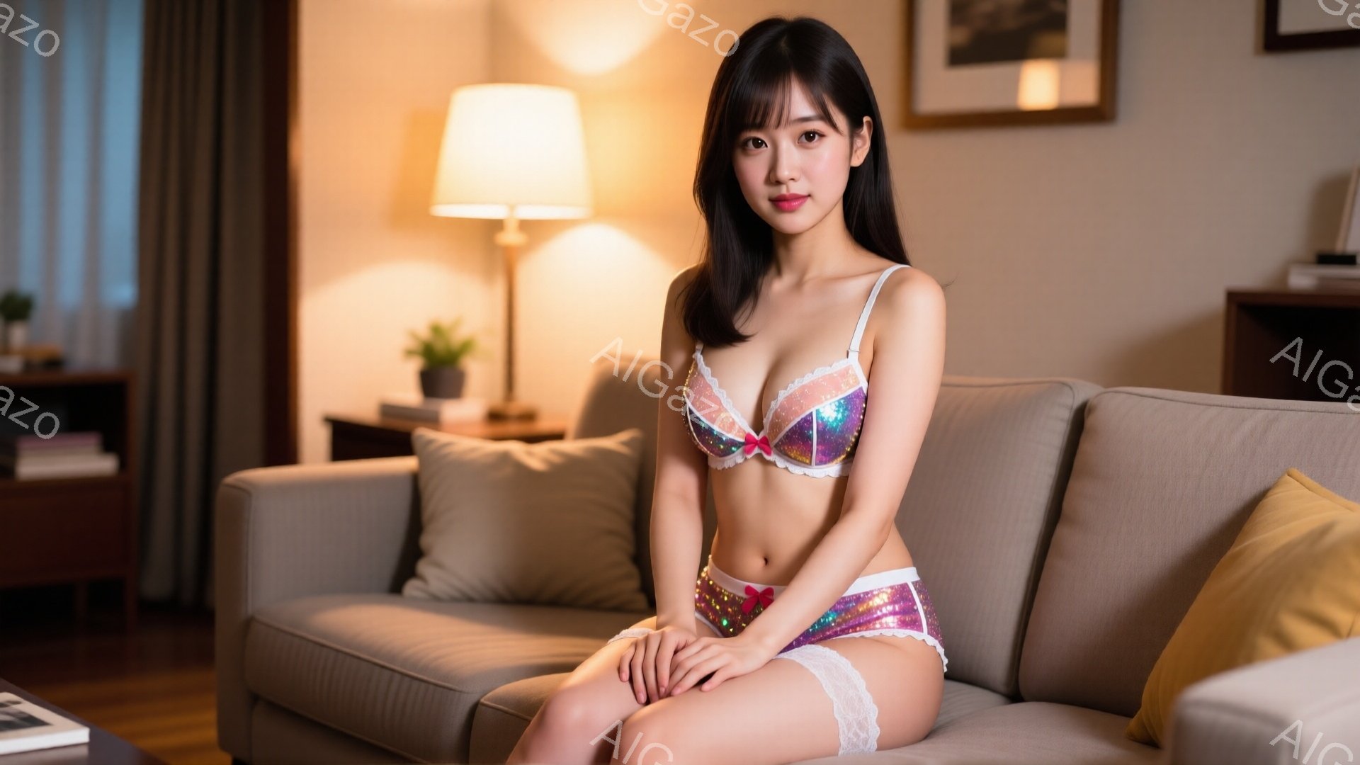 長い黒髪で、前髪は眉毛のあたりで切り揃えられています。ピンクとキラキラした装飾が施された下着姿で、ベージュ色のソファーに座り、少し内股気味に足を組んでいます。背景には間接照明や観葉植物が見え、リビング - AI生成フリー素材