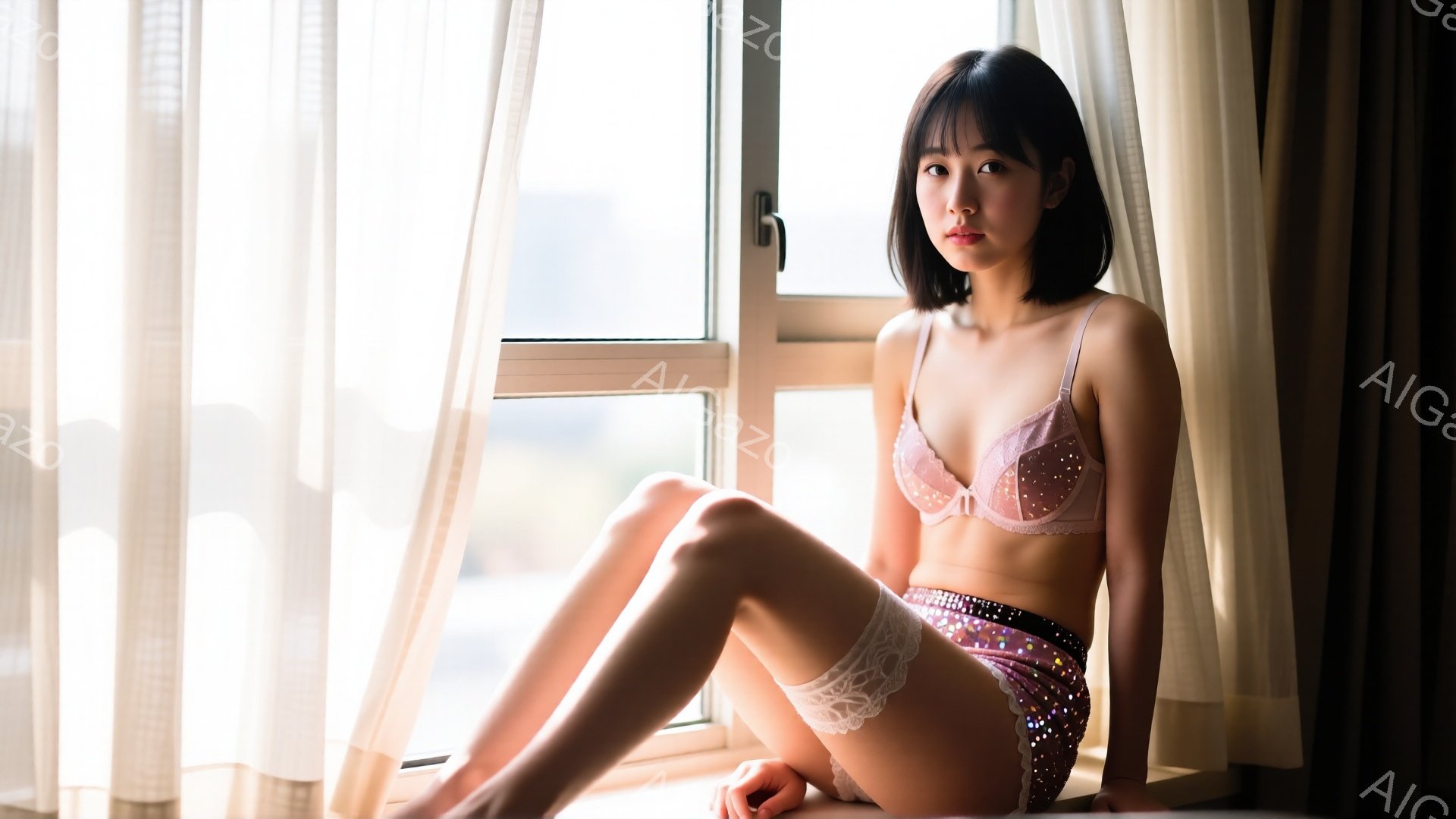 薄茶色のカーテンの前に座っている若い女性が写っています。彼女はピンク色のレースのブラジャーとハイウエストのショーツを身に着け、ダークブラウンのショートヘアで、少し憂いを帯びた表情をしています。窓の外には高層ビルが見え、光が差し込み、柔らかい雰囲気を醸し出しています。