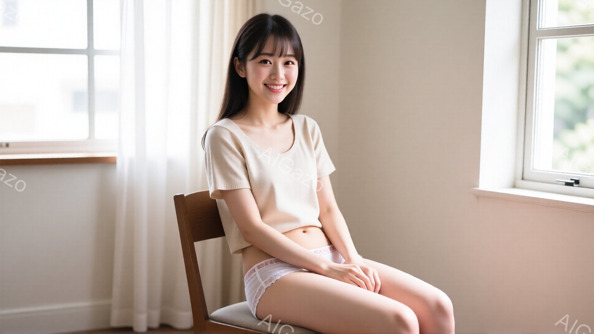 若い女性が椅子に座っており、ベージュ色の短いトップスとピンク色の下着を身に着けている。彼女は微笑んでおり、長いダークブラウンの髪はストレートで肩にかかっている。背景には窓があり、自然光が差し込み、部屋は明るく穏やかな雰囲気である。