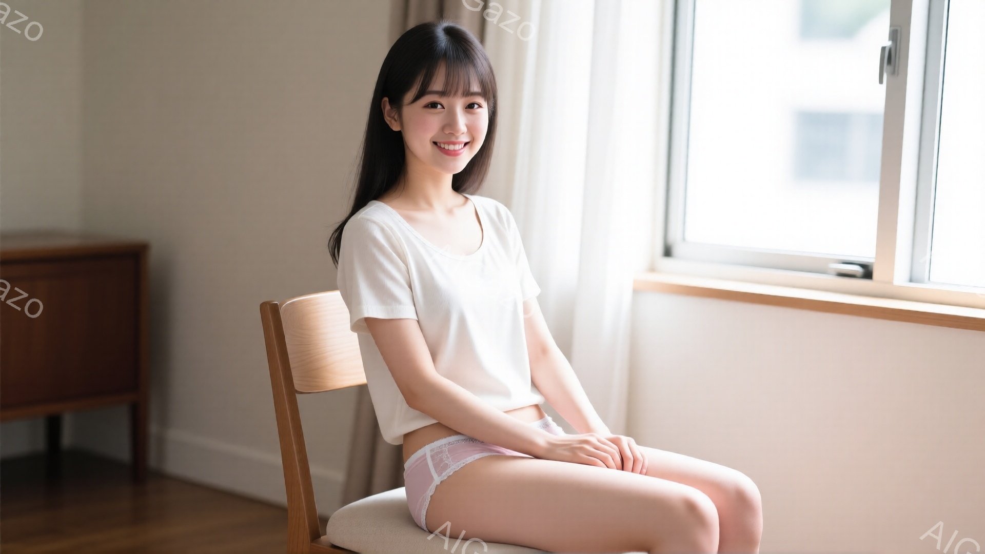 若い女性が椅子に座っており、白いTシャツと薄いピンク色の下着を着用しています。彼女は微笑んでおり、長い黒髪は肩にかかっています。背景には窓があり、白いカーテンと木製のキャビネットが見え、明るく清潔な雰囲気です。