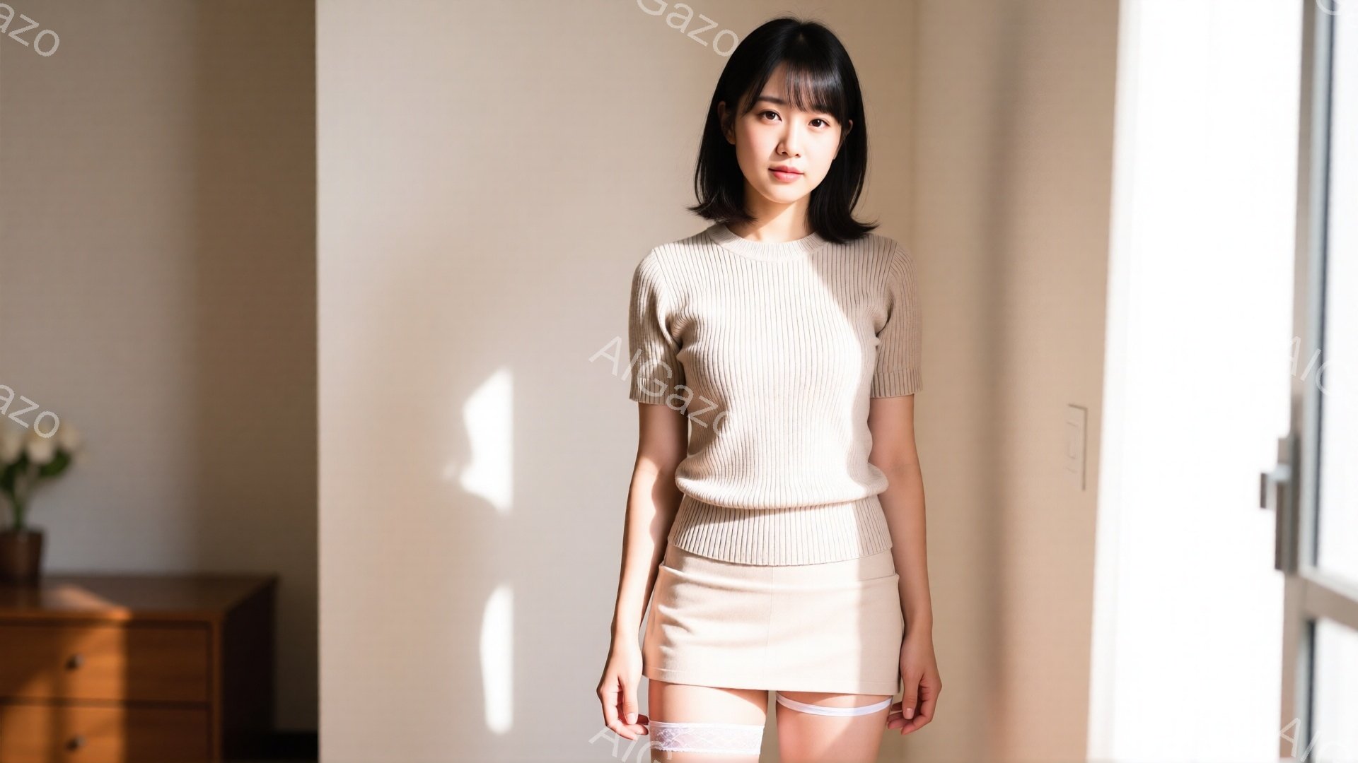 明るい室内で、ベージュのニットとミニスカートを身に着けた女性が立っている。彼女は黒髪のストレートヘアで、少し微笑んでいる。背景には木製のチェストと窓から差し込む光が見え、全体的に穏やかで自然な雰囲気が - AI生成フリー素材