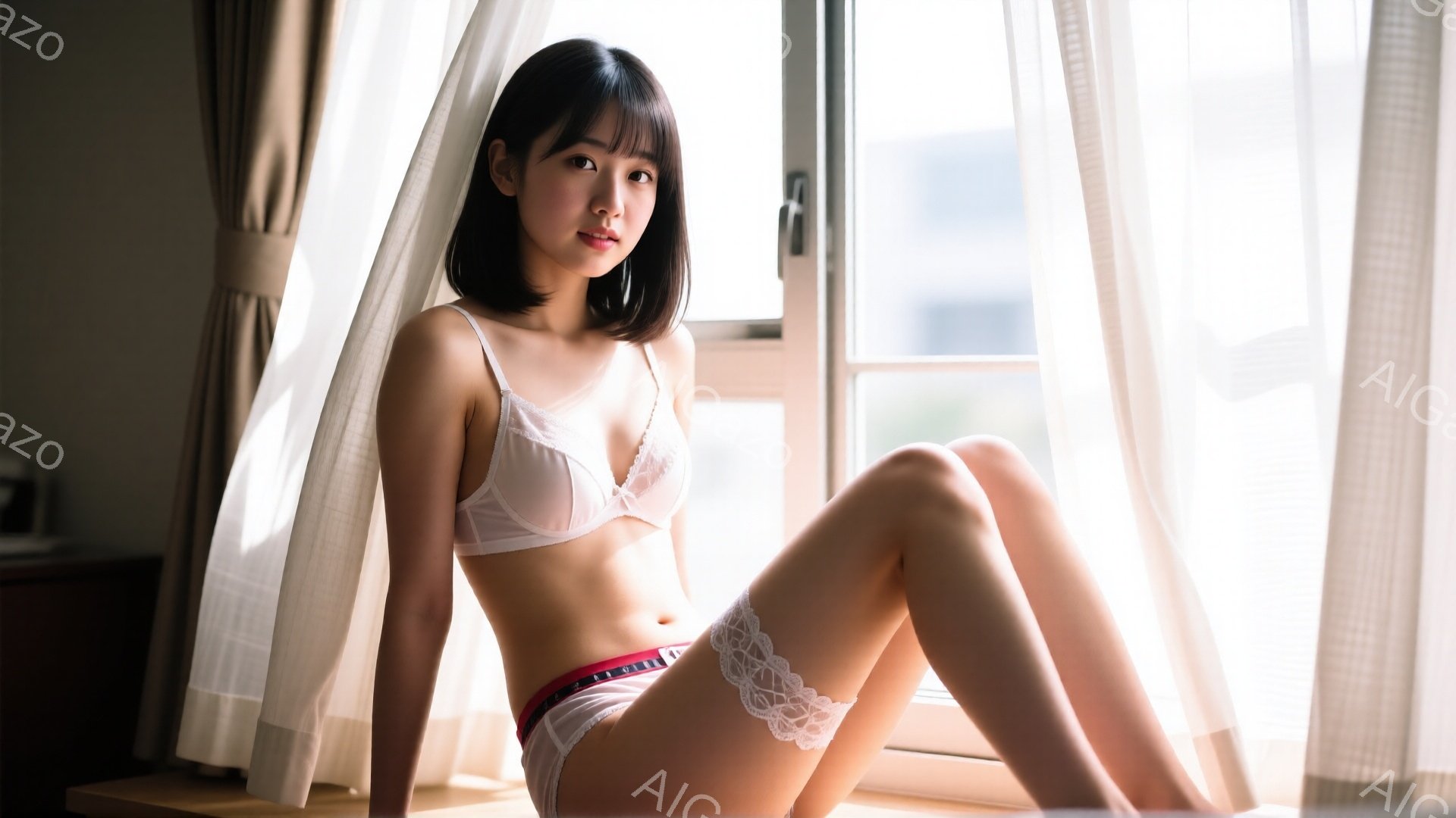 室内で、黒髪のショートヘアの女性が白い下着姿で腰掛けている。彼女は足を組み、窓辺でリラックスした様子を見せている。背景には白いカーテンと窓から見える建物が見え、全体的に柔らかく明るい雰囲気が漂っている - AI生成フリー素材