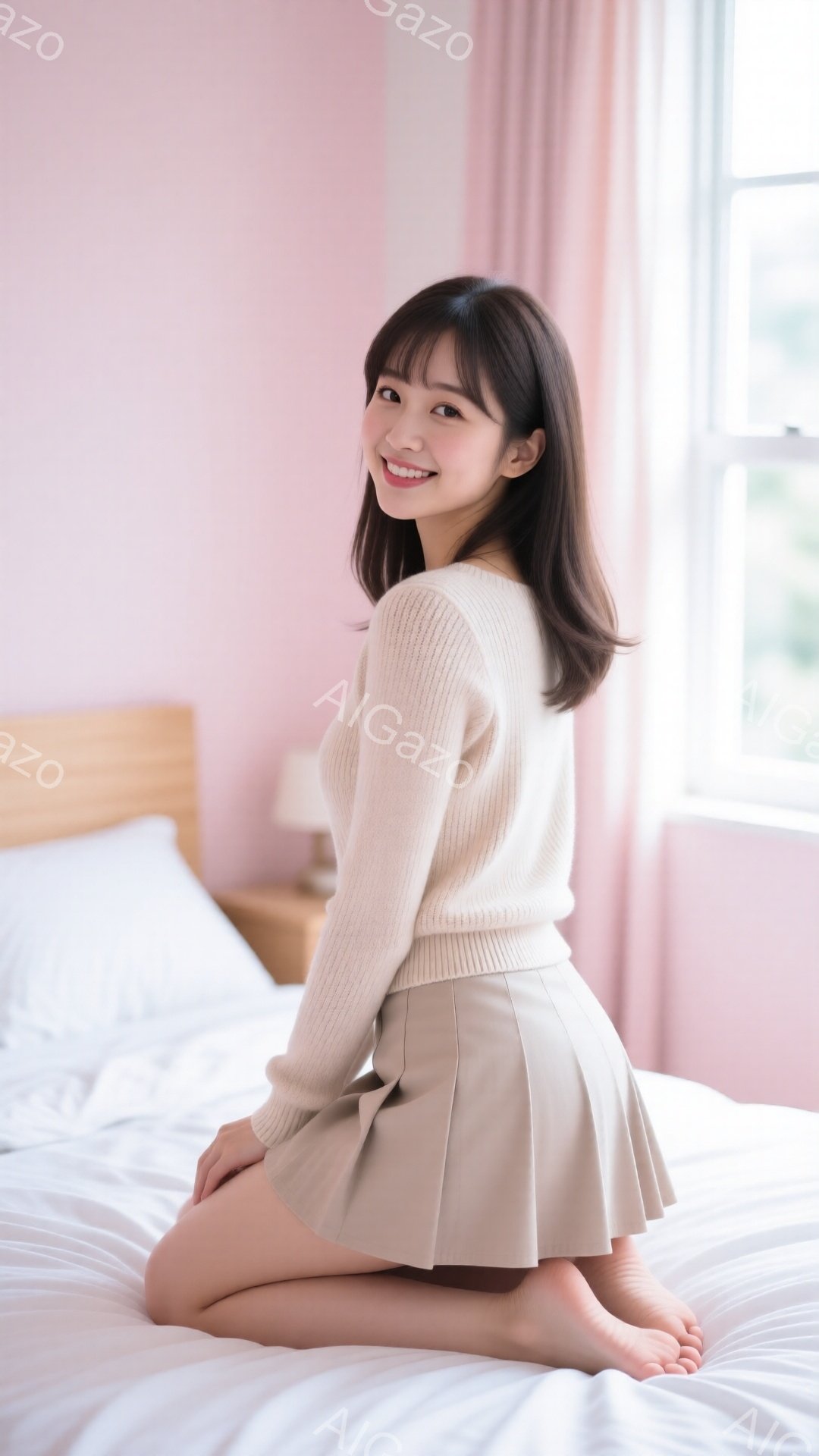 明るい茶色のセーターとミニスカートを身につけた若い女性が、白いベッドの上に膝をついて座っています。彼女は笑顔で、少し横を向いてカメラを見ており、髪は肩までの長さで、前髪が眉毛にかかっています。背景には、薄いピンク色のカーテンとベッドサイドテーブルが見え、全体的に温かくてリラックスした雰囲気です。