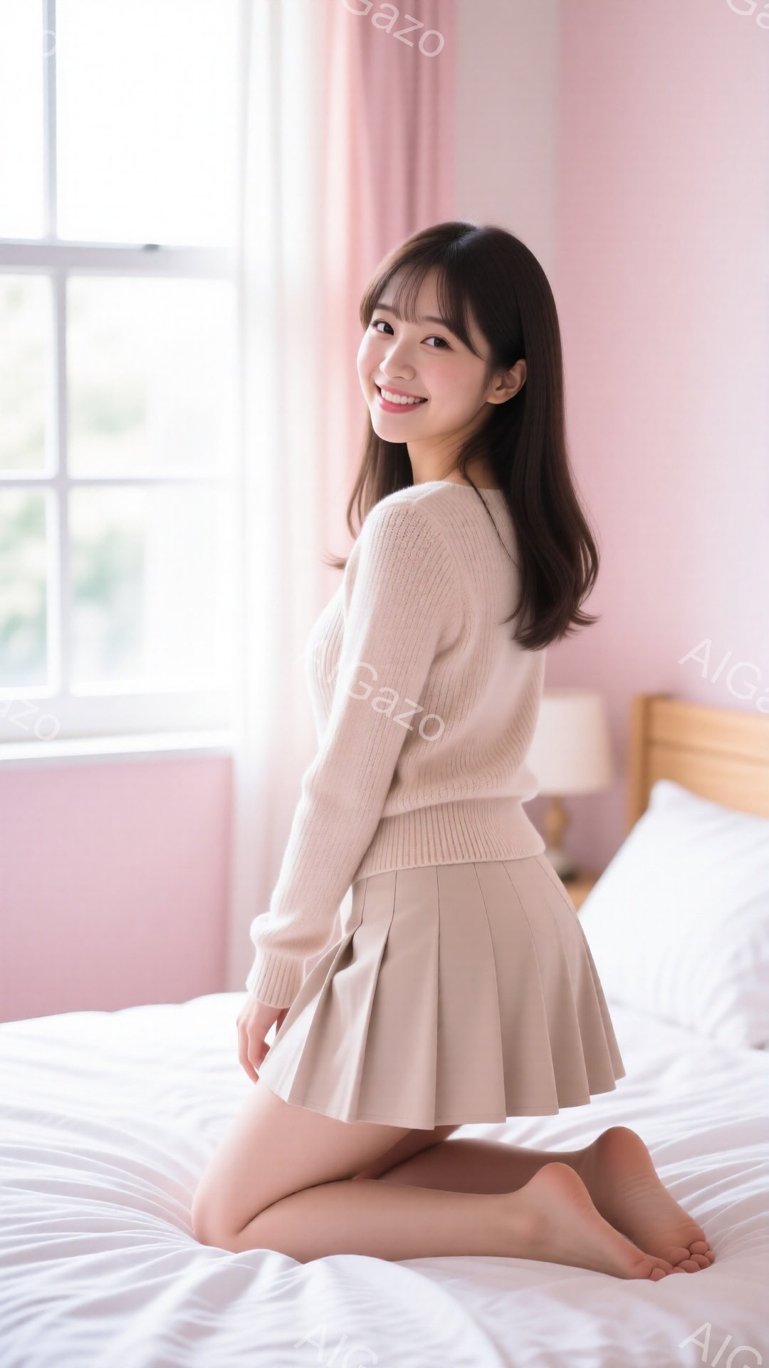明るい室内で、若い女性がベージュのニットセーターとプリーツスカートを着て、白いベッドの上に膝をついて座っています。彼女は笑顔で、つややかな長い髪は背中に流れています。背景には窓とピンク色のカーテンが見 - AI生成フリー素材
