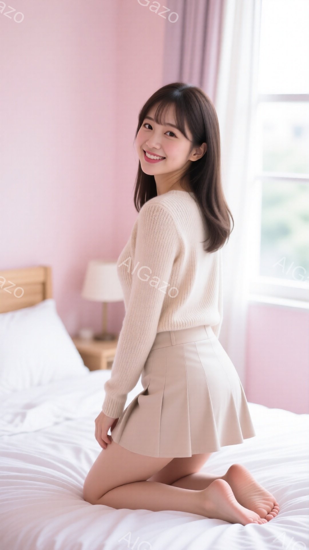 長い茶色の髪を肩のあたりで軽くカールさせた女性が、クリーム色のニットセーターとフレアスカートを身につけて膝をついて座っています。彼女は微笑んでおり、明るく柔らかな雰囲気です。背景は薄いピンク色の壁と白いベッドシーツで、窓からは自然光が差し込んでいます。
