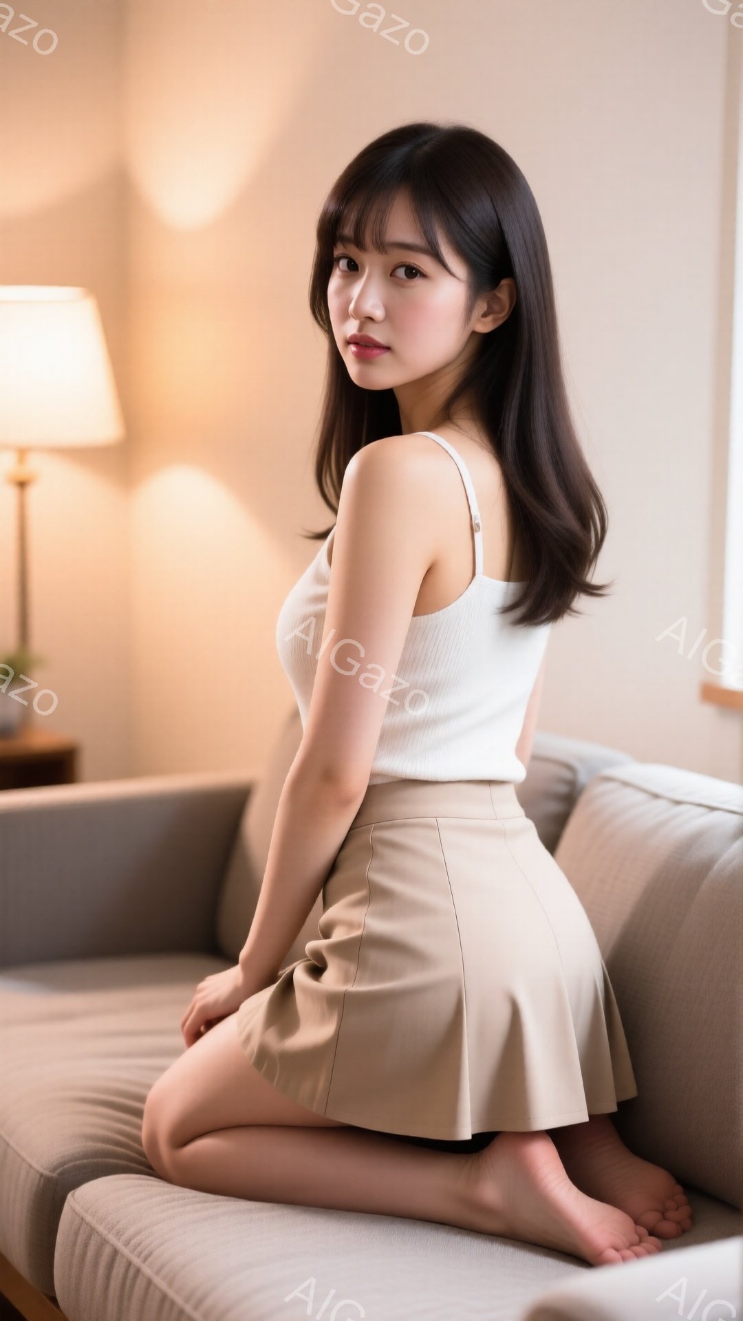 長い黒髪で、前髪は眉毛にかかる程度に切り揃えられています。白いキャミソールとベージュのミニスカートを身につけ、ソファーに膝を曲げて座っています。背景には窓からの自然光があり、落ち着いたリビングルームの - AI生成フリー素材