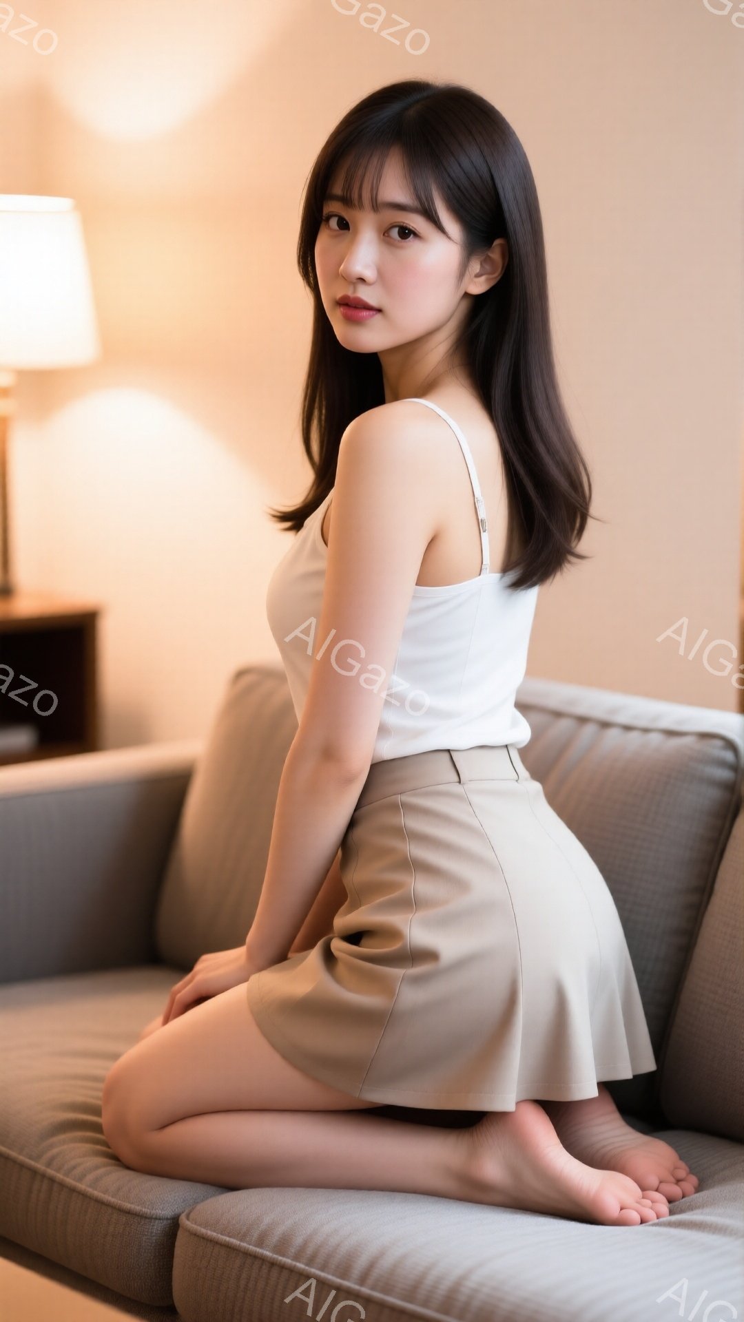黒髪で前髪を作った女性が、ベージュのトップスとスカートを身につけてソファーに跪いて座っています。彼女はリラックスした表情で、足は裸です。背景には間接照明と家具が見え、穏やかで落ち着いた雰囲気が漂っています。