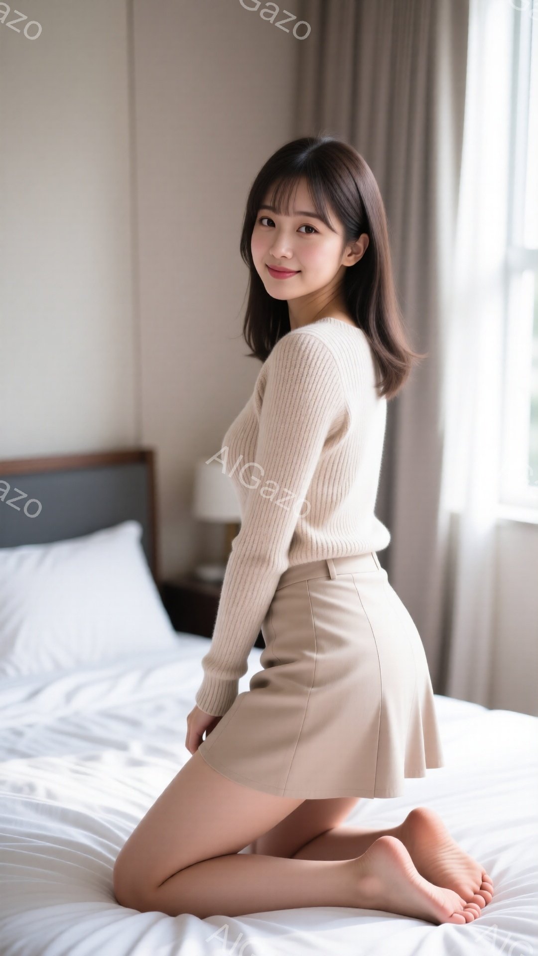 明るい色のニットセーターとミニスカートを身に着けた女性がベッドの上に膝をついて座っています。彼女は微笑んでおり、茶色の長い髪は肩にかかっています。背景には、窓から差し込む光があり、シンプルな内装の部屋が広がっています。