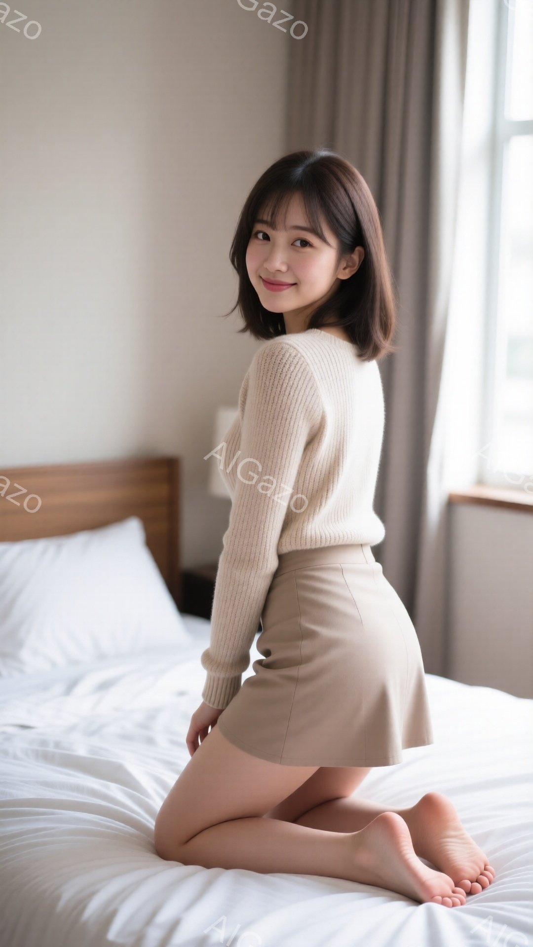 明るい室内で、女性がベッドの上に膝をついて座っています。ベージュのニットセーターとミニスカートを身に着け、素足でリラックスした様子です。彼女は微笑んでおり、背景には白いベッドと窓、そして柔らかい光が広 - AI生成フリー素材
