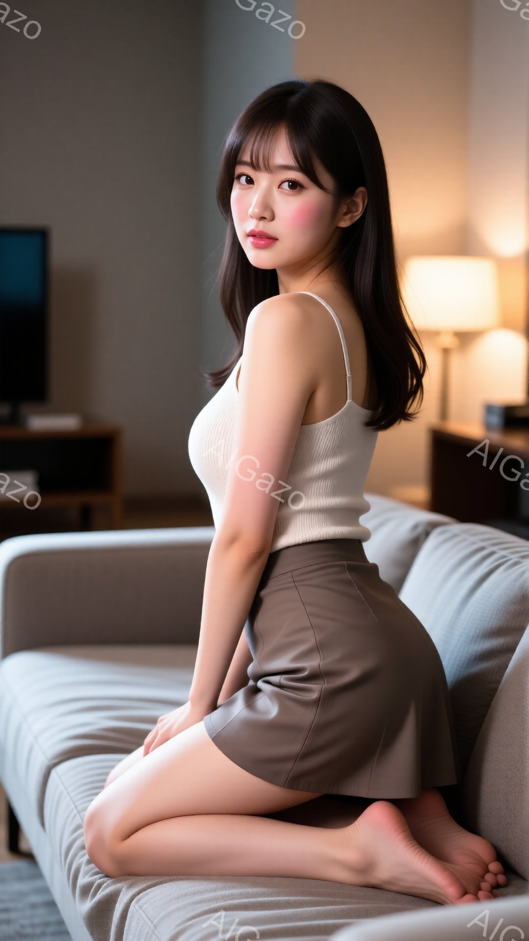 長い黒髪をセンターパートにした女性が、ベージュのキャミソールと茶色のミニスカートを身に着けてソファに座っています。彼女は少し微笑んでおり、リラックスした雰囲気です。背景にはテレビやテーブルがあり、室内は暖色系の照明で照らされています。