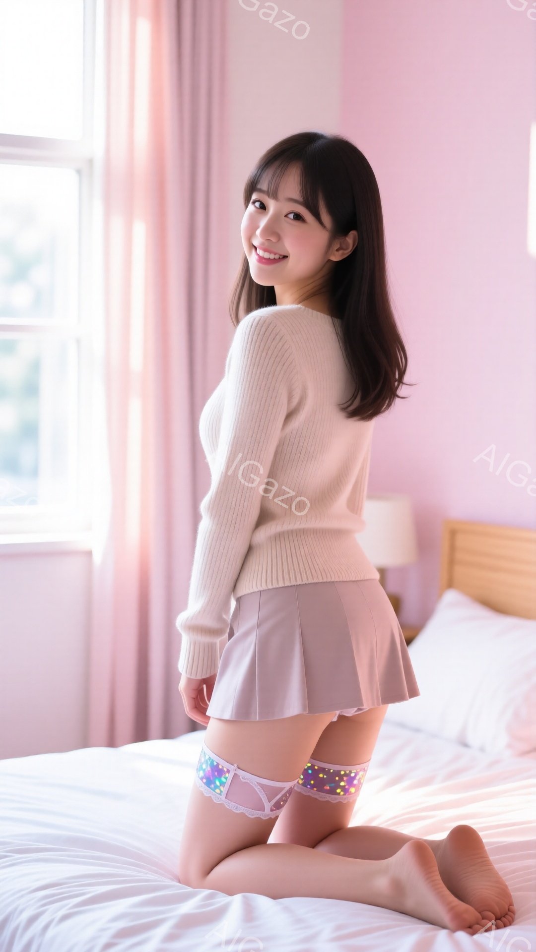 明るい笑顔の若い女性が、薄いピンク色のベッドの上に跪いています。ベージュのセーターとミニスカートを着用し、太ももにはカラフルな装飾が施されたサスペンダーが付いています。背景にはぼやけた窓と白いベッドフレームが見え、全体的に明るく、柔らかい雰囲気です。
