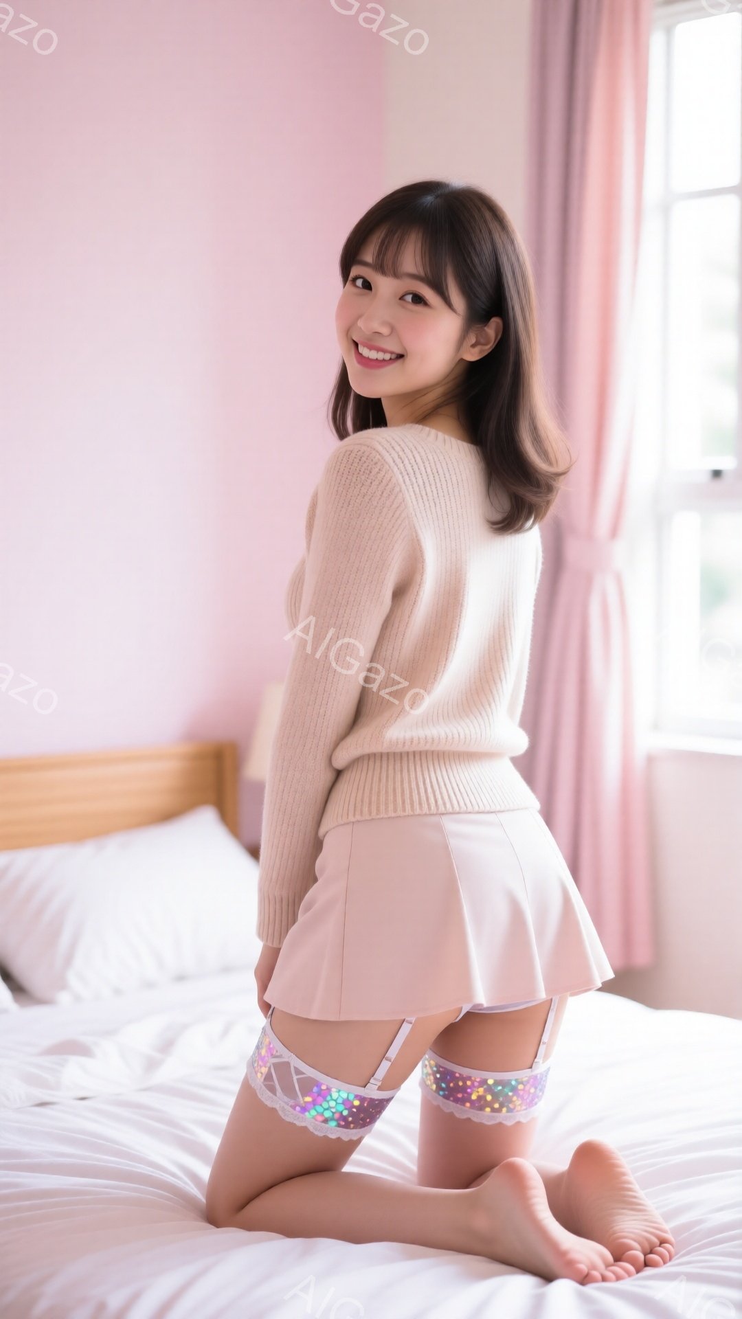 明るい室内で、女性が膝をついてポーズをとっています。ベージュのセーターと短いピンクのスカートを身につけ、足元には虹色の装飾が施されたサスペンダーが付いています。背景には白いベッドとぼやけた窓が見え、全 - AI生成フリー素材