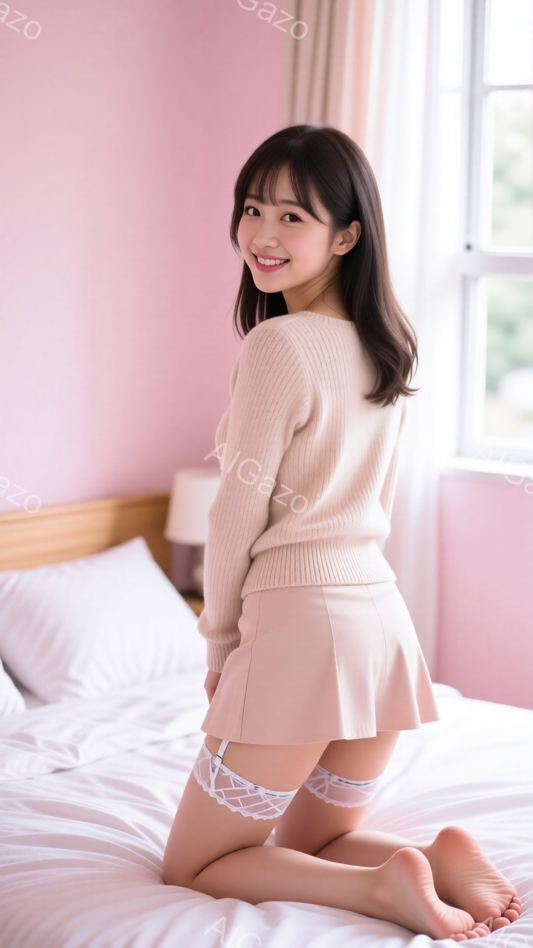 明るい室内で、若い女性がベージュのニットセーターとピンクのフレアスカートを身に着けてベッドにひざまずいています。彼女は笑顔でこちらを見ており、長い茶色の髪は肩にかかっています。背景には白い枕と窓が見え - AI生成フリー素材