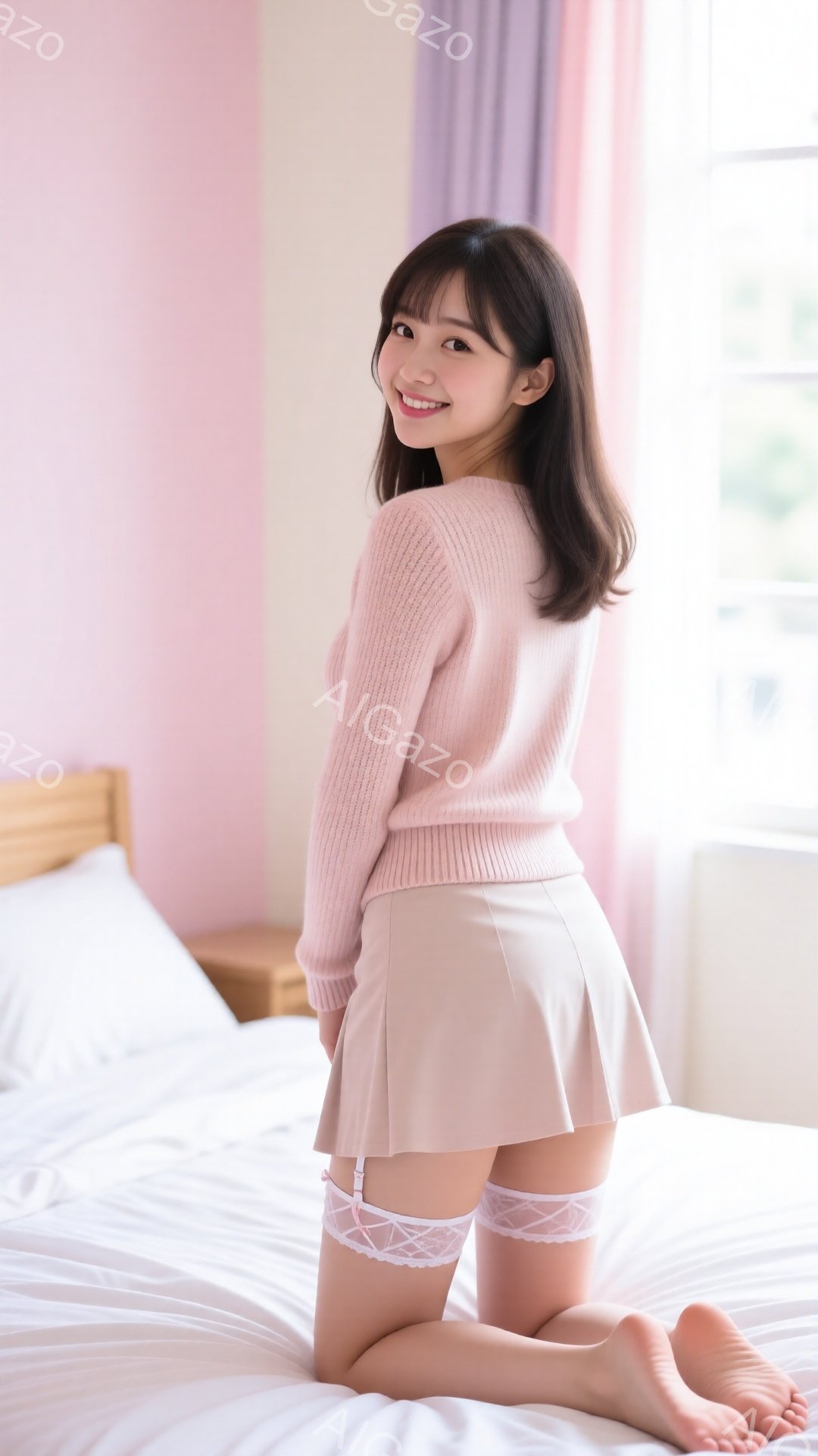 明るい室内で、膝をついて座っている若い女性が写っています。淡いピンク色のセーターとミニスカートを身に着け、白いレースのガーターベルトを着用しています。彼女は笑顔で、長い茶色の髪は肩にかかっています。