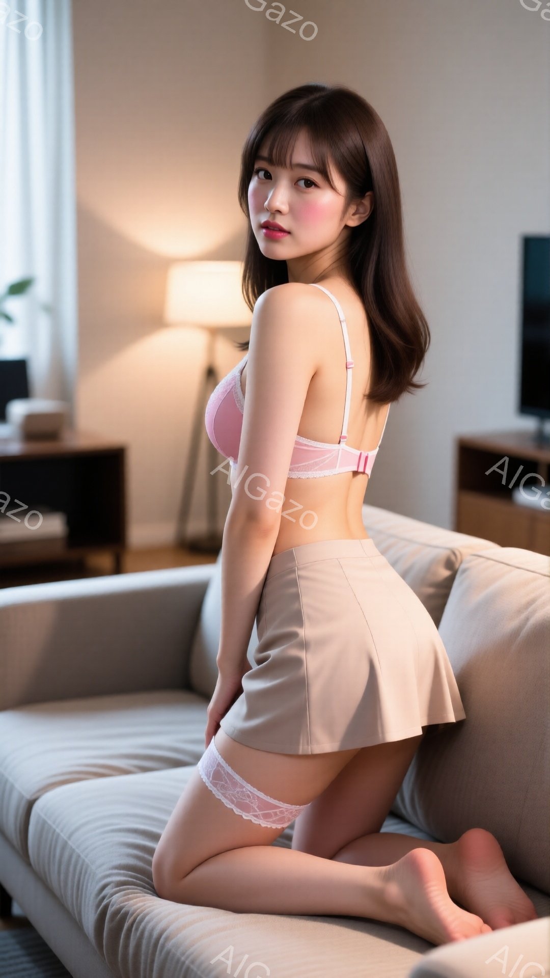 茶髪の女性がベージュのソファに膝をついて座っており、薄いピンク色のブラジャーとスカート、レースのガーターベルトを着用しています。彼女は少し微笑んでおり、リラックスした雰囲気を漂わせています。背景には木製の家具や間接照明が見え、暖かく居心地の良いリビングルームの様子が伺えます。