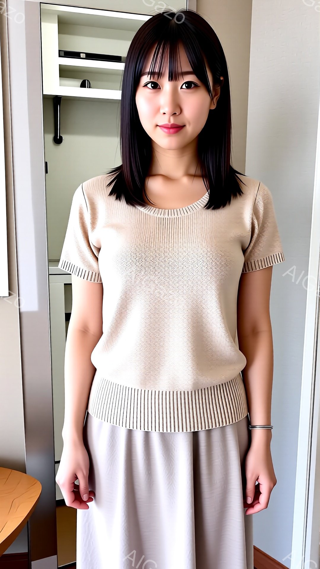 画像には、ベージュのニットトップスと薄いグレーのスカートを着用した若い女性が立っています。彼女は黒髪で、前髪が眉毛にかかるようにカットされています。表情は穏やかで、わずかに微笑んでいます。 - AI生成フリー素材