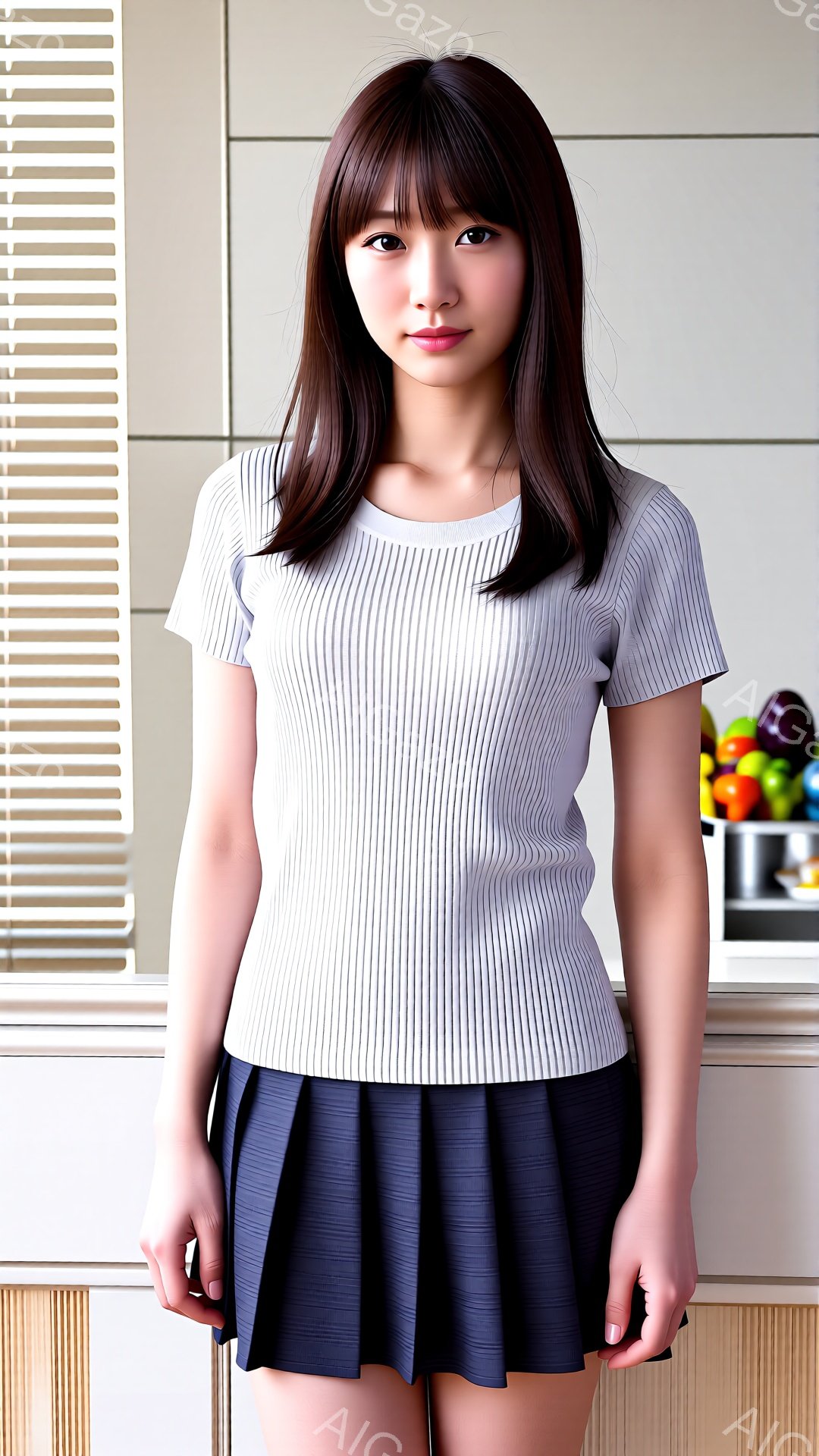 画像には、茶色の長い髪で前髪を作った若い女性が写っています。彼女は、クリーム色の縦筋のトップスと紺色のプリーツスカートを身に着け、正面をまっすぐ見つめて微笑んでいます。背景には、白く木製のキャビネットと、果物が置かれた棚が見えます。