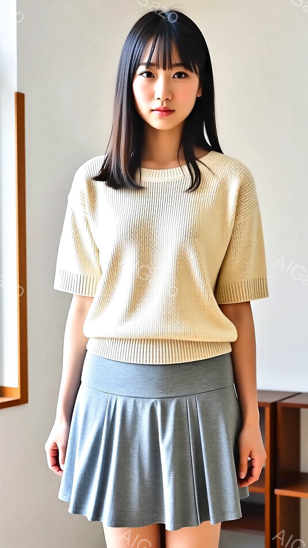 画像には、ベージュのニットと水色のプリーツスカートを身につけた若い女性が写っています。彼女は黒髪で、前髪は眉毛にかかる長さです。表情は穏やかで、まっすぐ前を見つめており、姿勢も自然です。 - AI生成フリー素材
