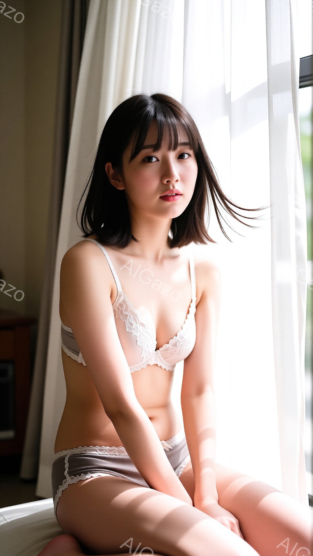 ショートヘアの女性が、白とグレーのランジェリー姿で座っている。彼女は少し微笑み、リラックスした表情で、窓から差し込む光が彼女の肌を照らしている。背景には白いカーテンと、ぼんやりとした家具が見え、穏やか - AI生成フリー素材