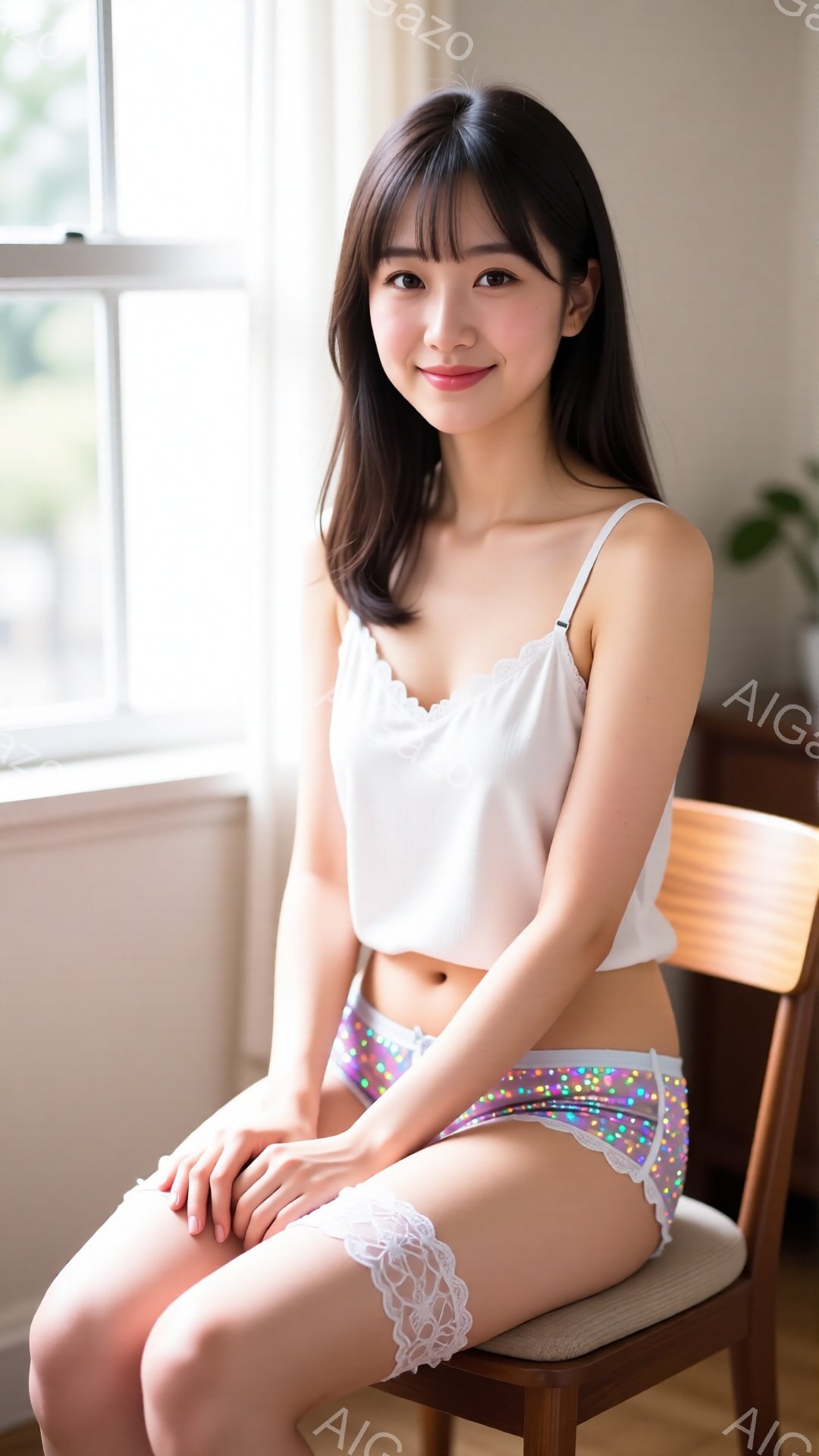 長いダークブラウンの髪を肩まで下ろし、前髪は眉毛にかかるようにカットされた女性が写っています。白いキャミソールと、キラキラと輝くピンク、紫、水色のパジャマパンツを身につけ、膝を揃えて椅子に座っています。背景は窓と一部の家具が見える室内で、全体的に明るく穏やかな雰囲気です。