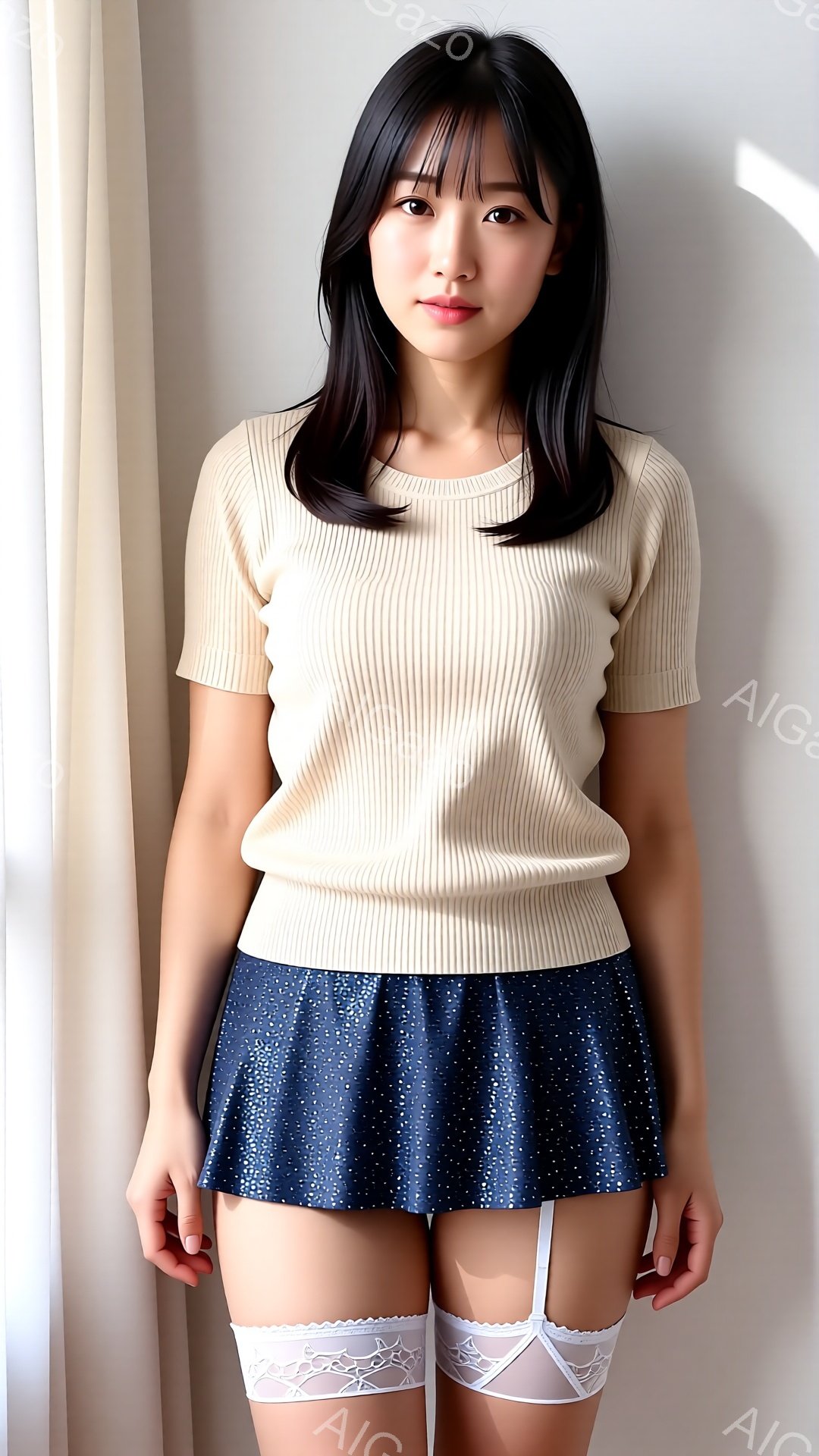 長い黒髪の女性がベージュのニットトップスとネイビーのキラキラしたミニスカートを身に着けて立っています。彼女はわずかに微笑んでおり、白いレースのガーターベルトが覗いています。背景はぼやけた明るい壁で、全 - AI生成フリー素材