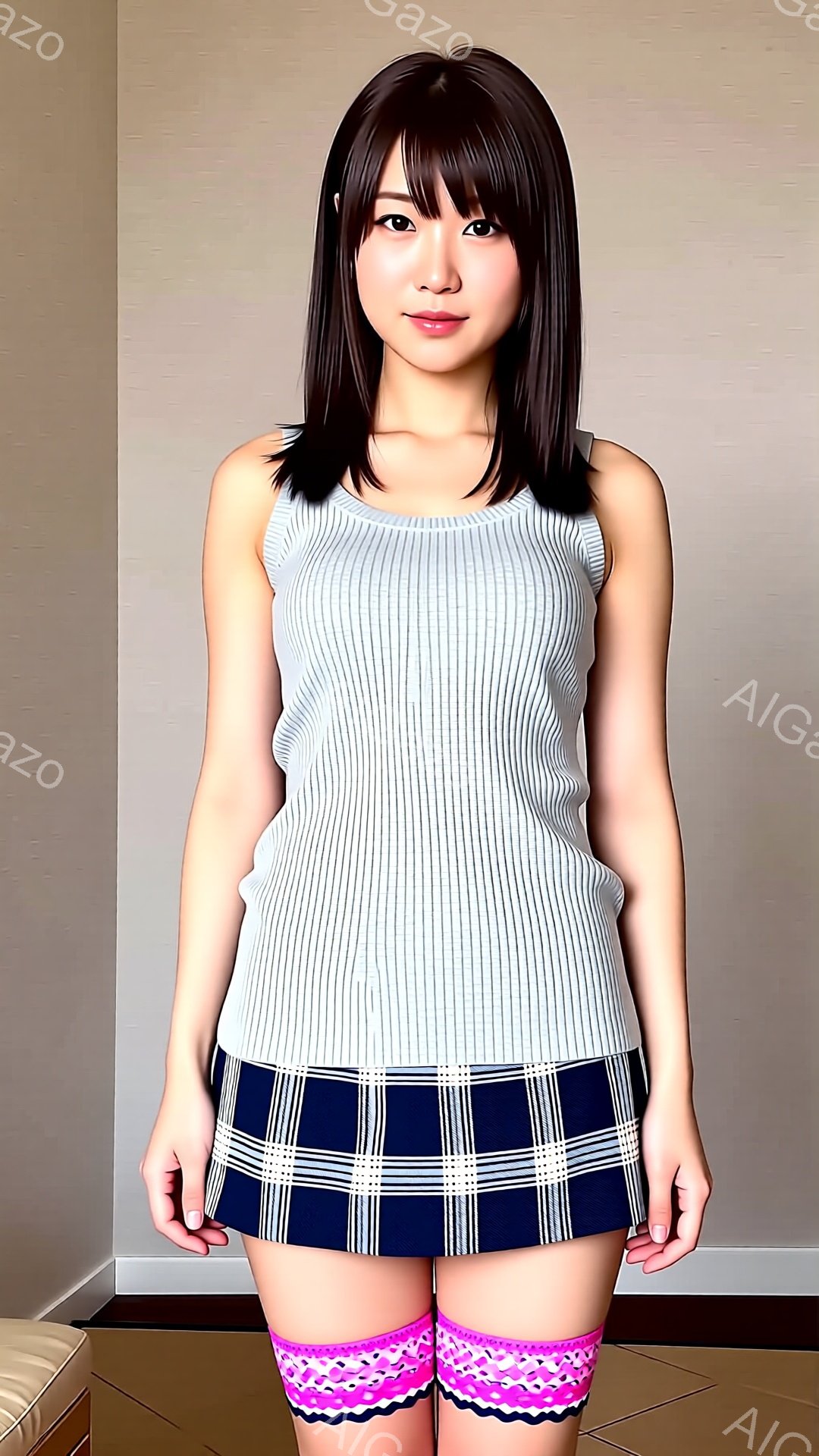 長い黒髪で、前髪は目に少しかかるように切られています。彼女はグレーのニットベストとチェック柄のミニスカートを着用し、ピンクと白の模様が入ったニーハイソックスを履いています。背景は薄いベージュ色の壁で、彼女はリラックスした姿勢で立っています。