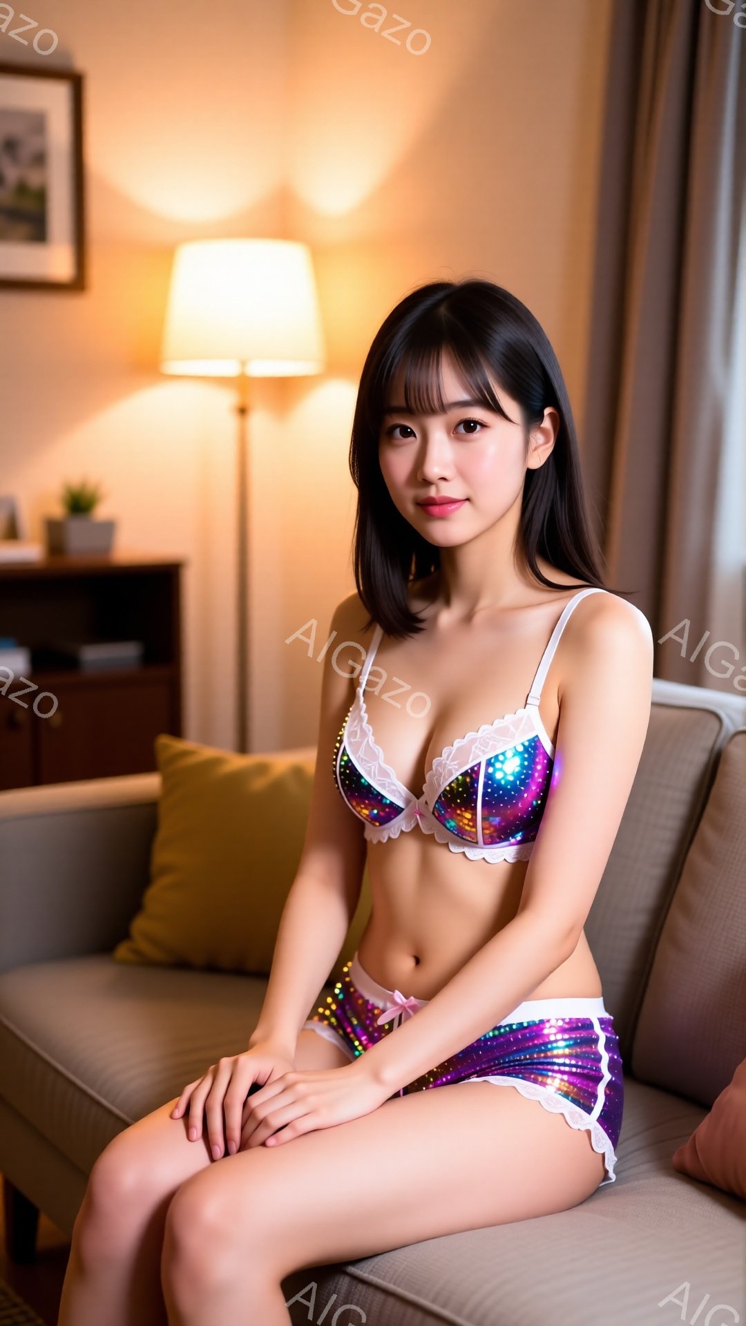 長い黒髪の女性が、紫と虹色のレースのブラとショーツのセットを身に着けてソファに座っています。彼女は微笑んでおり、膝を揃えてリラックスした姿勢を見せています。背景には、間接照明のあるリビングルーム、木製 - AI生成フリー素材