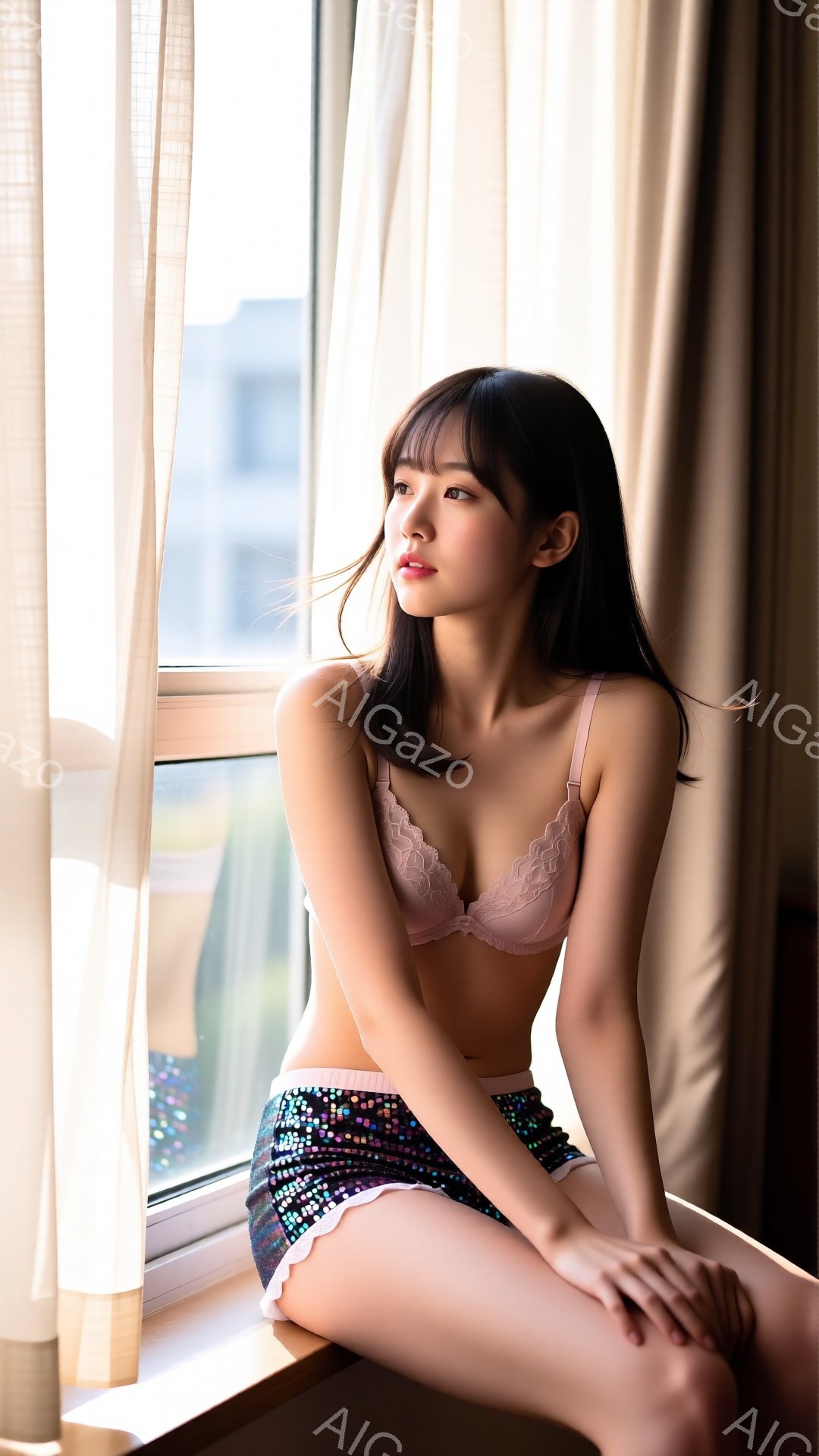 黒髪の女性が窓際に座り、ベージュのレースブラとカラフルなスパンコールのミニスカートを着用しています。彼女は少し微笑んでおり、遠くを見つめるような表情をしています。背景にはぼやけた都市の景色が広がり、窓 - AI生成フリー素材