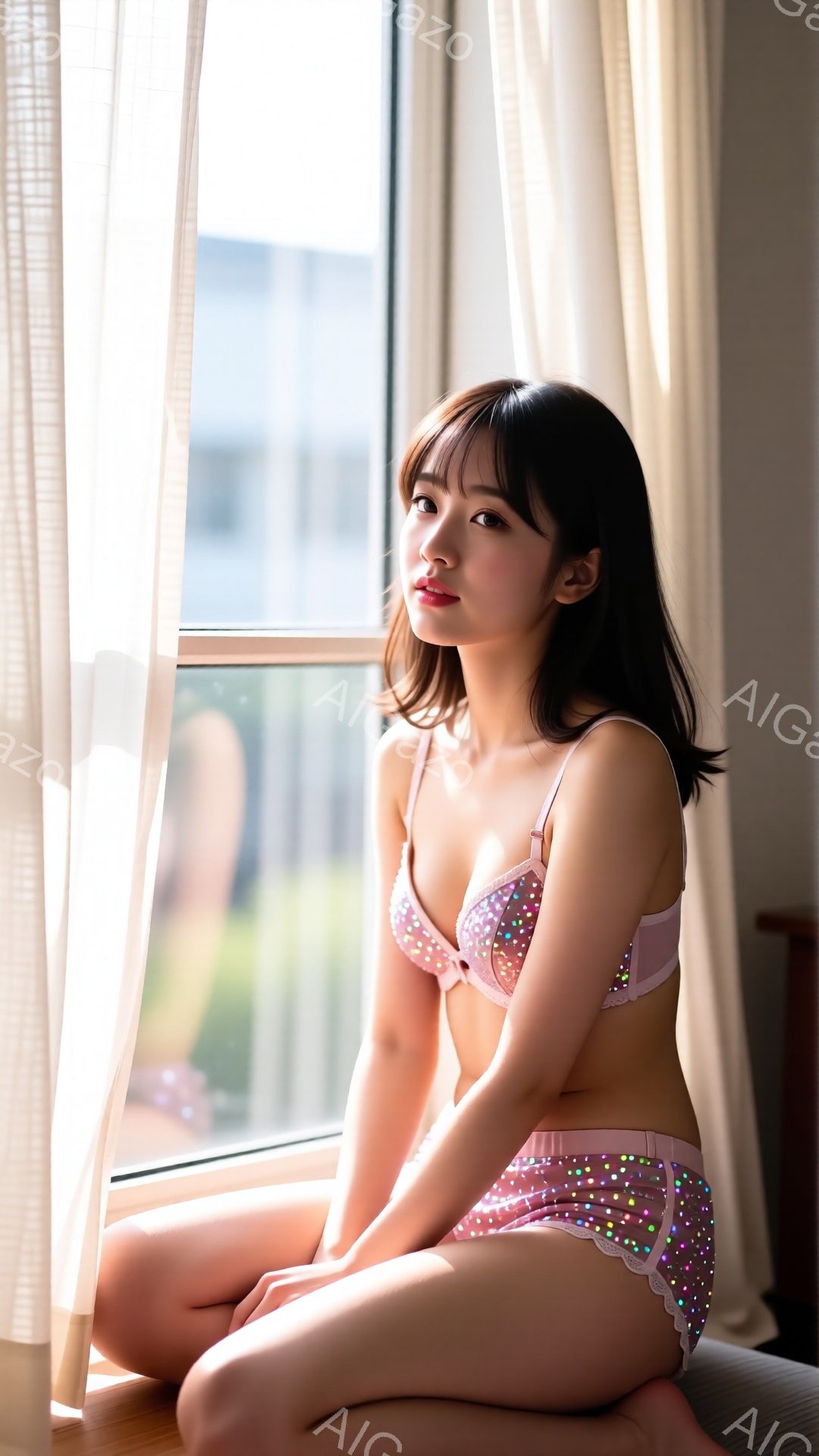 長い黒髪の女性が窓辺に座り、ピンク色の下着を身につけています。彼女は微笑みを浮かべ、リラックスした表情でカメラを見つめています。背景には建物が見え、太陽の光が差し込み、穏やかで暖かい雰囲気を醸し出して - AI生成フリー素材