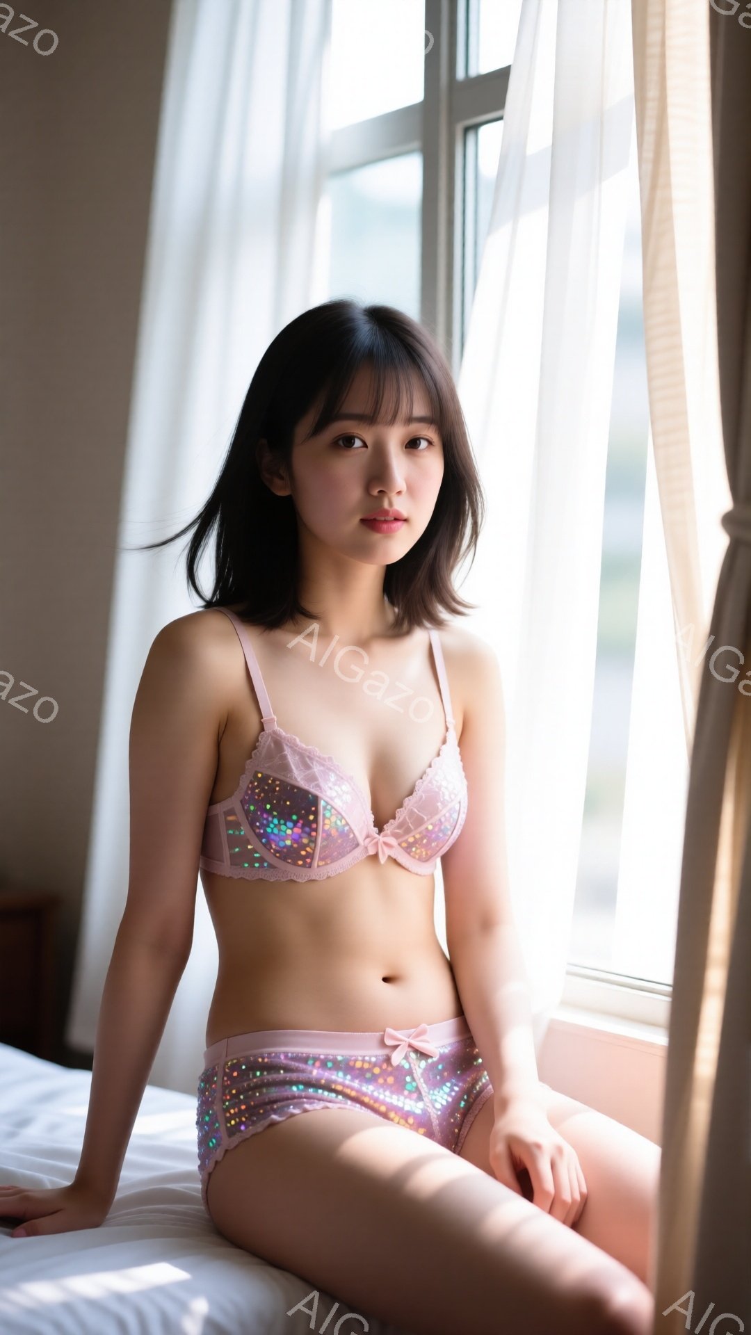 黒髪の女性が、パステルピンクの輝きのあるランジェリーセットを身に着けてベッドに座っています。彼女は控えめな微笑みを浮かべ、前髪を少し横に流した自然なヘアスタイルです。背景にはカーテンと窓があり、明るい - AI生成フリー素材