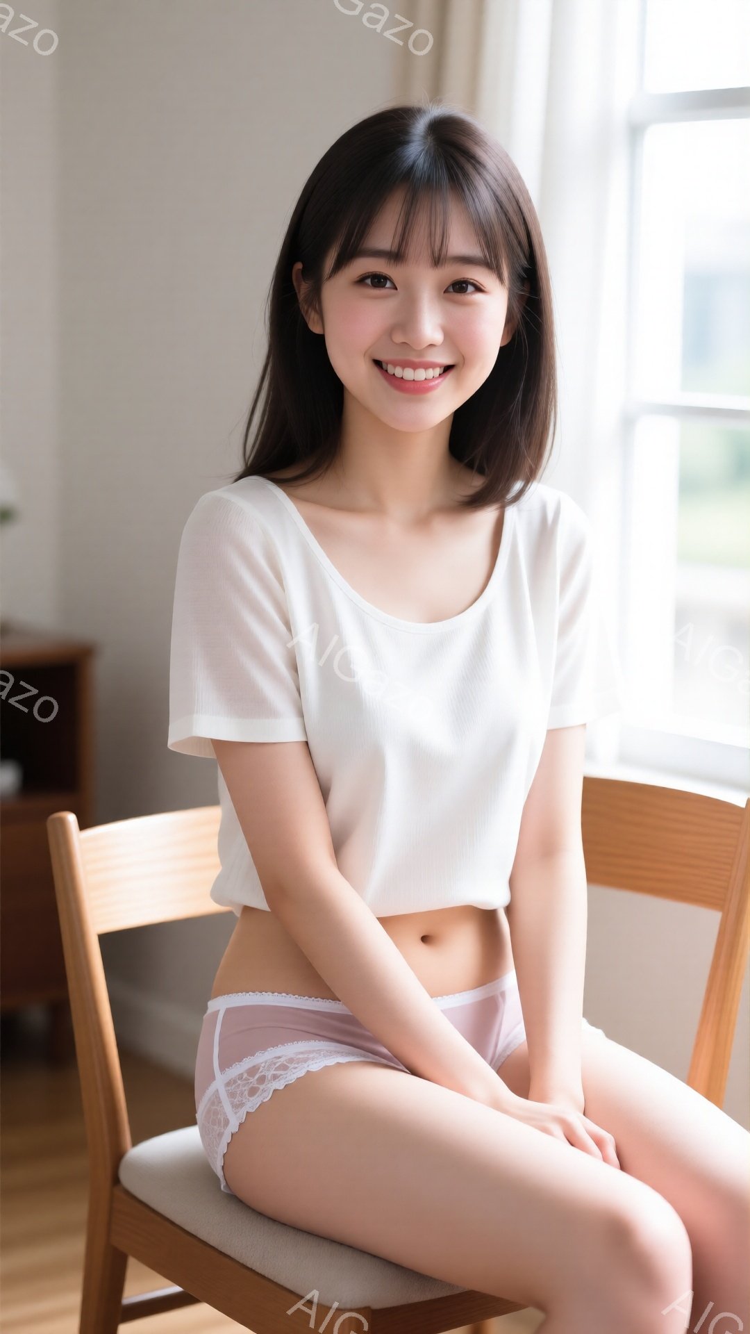 若い女性が椅子に座っており、白いクロップド丈のTシャツと薄いピンク色のレースの付いた下着を身に着けています。彼女は笑顔で、短い黒髪が肩にかかっています。背景には木製のキャビネットと窓が見え、外は明るい日差しが差し込んでいるようです。