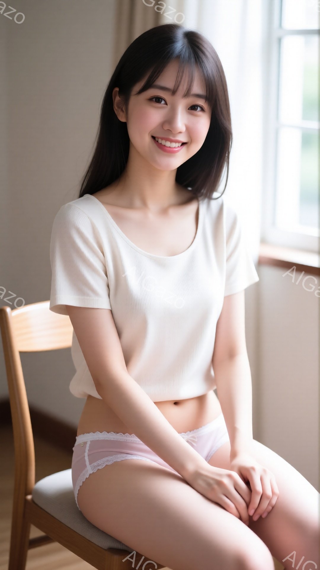明るい窓辺に座る若い女性が写っています。ベージュ色の短いトップスとピンクのレースの付いた下着姿で、膝を揃えて少し内側に曲げた状態で座っています。彼女は微笑んでおり、黒髪の毛先が肩にかかっています。 - AI生成フリー素材