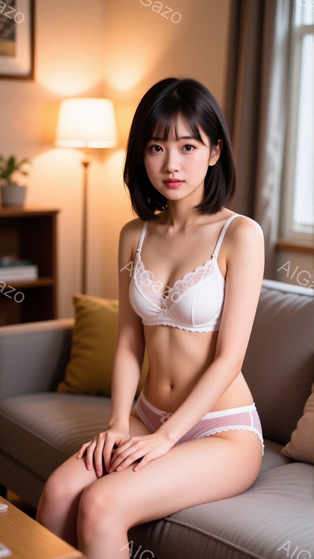 ショートヘアの女性が、ベージュのソファに座ってこちらを見つめています。白いレースのブラとピンクのショーツを身に着けており、肌が露出しています。背景には、間接照明、クッション、本棚があり、リビングルームの穏やかな雰囲気が漂っています。