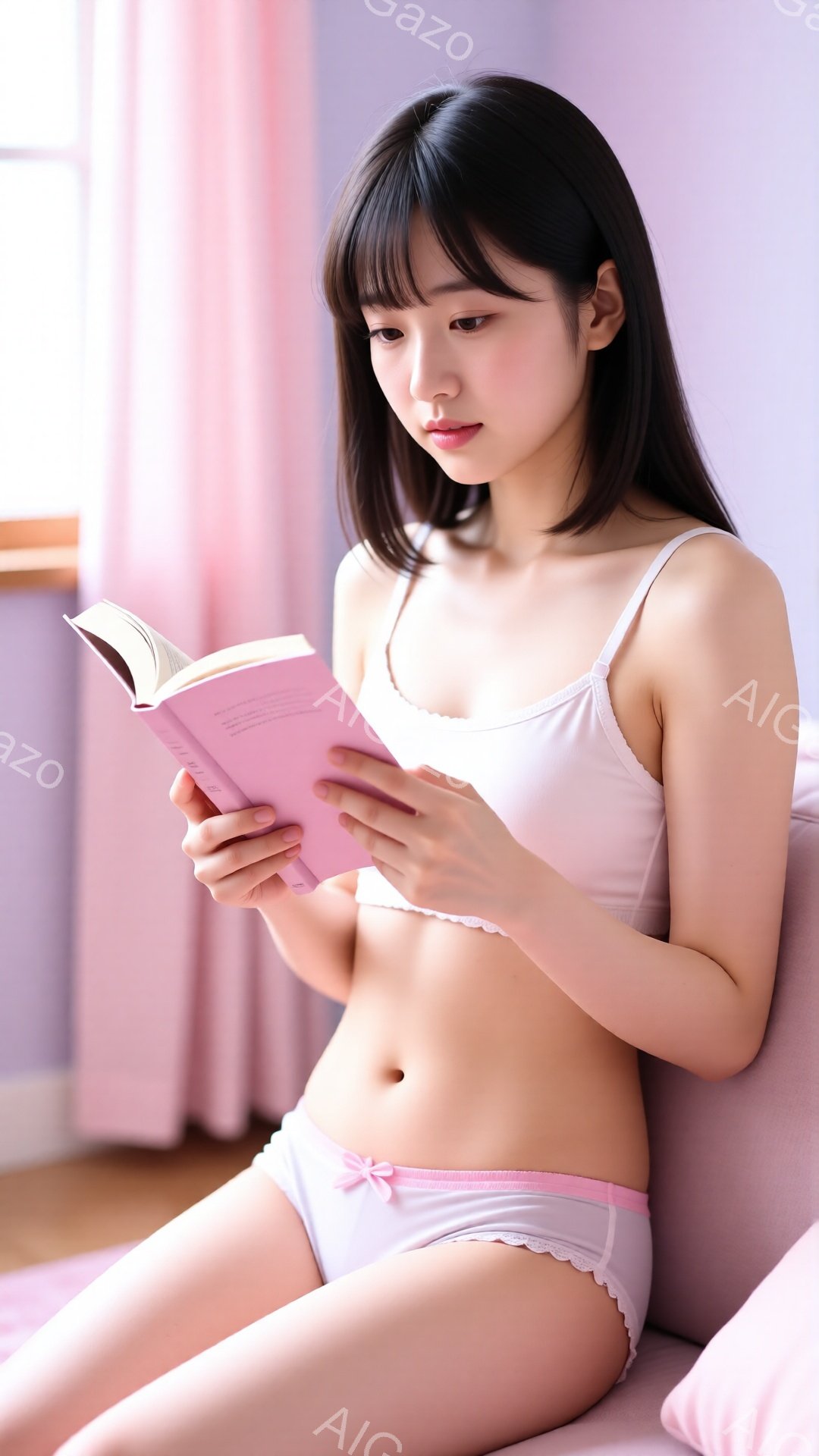 若い女性がピンク色のソファに座り、本を読んでいます。彼女は短い黒髪で、前髪が目の上にかかっています。淡いピンク色の下着を着ており、リラックスした表情で読書を楽しんでいます。