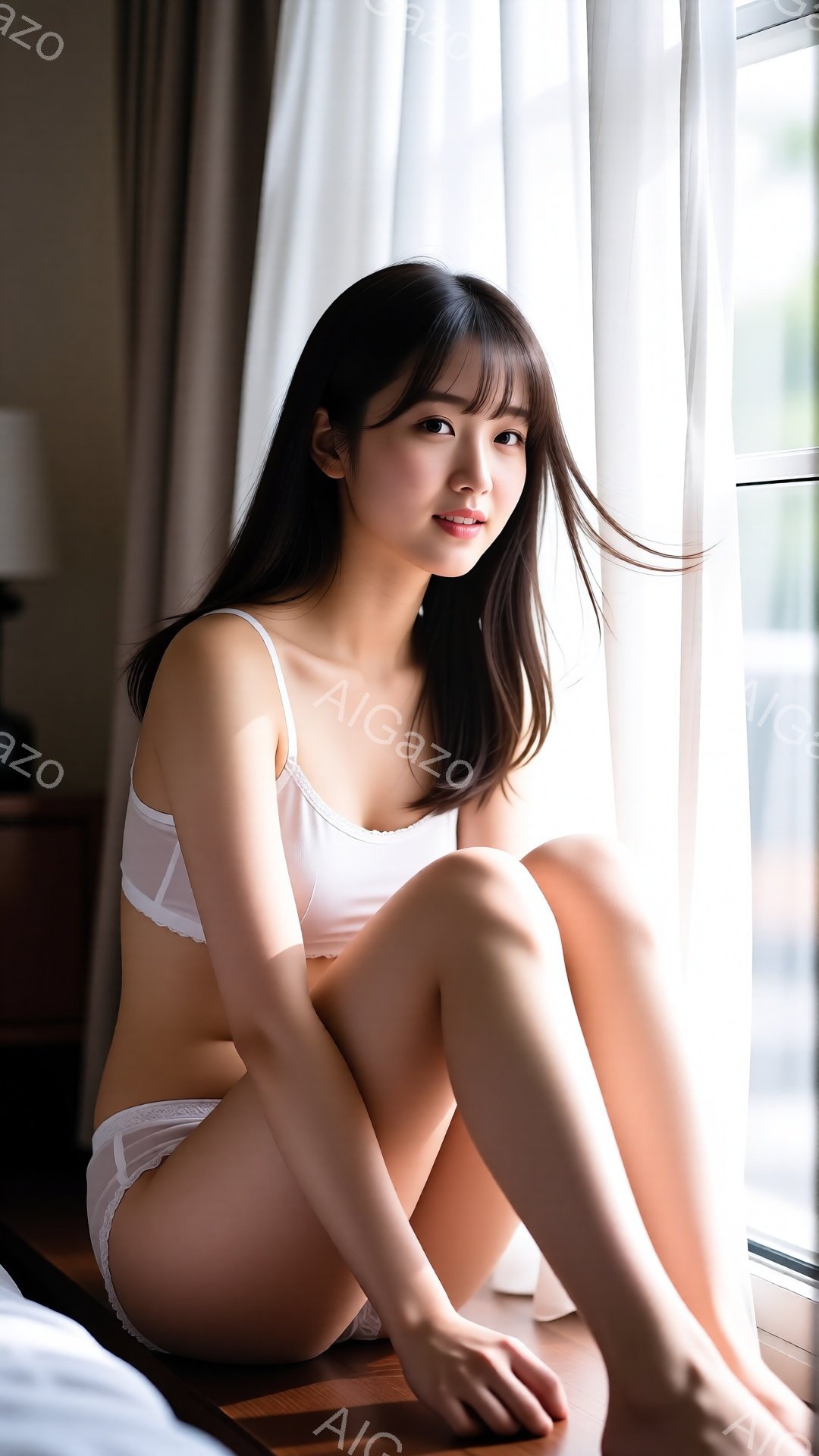 黒髪で前髪が目の上にかかる女性が、白いレースのブラとショーツを身につけて、ベッドの縁に座っています。彼女は少し微笑んでおり、リラックスした表情で、明るい自然光が窓から差し込み、柔らかな雰囲気を醸し出し - AI生成フリー素材