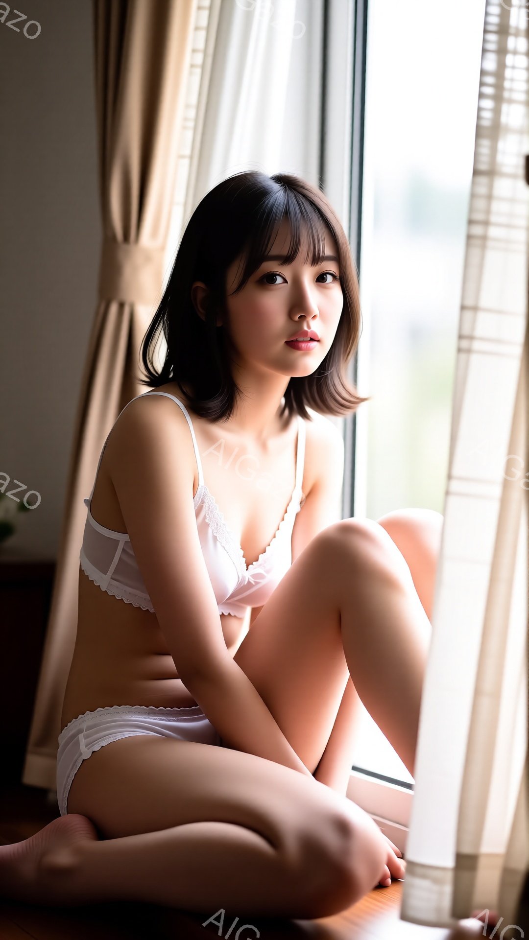 ショートヘアの女性が白いレースのブラとショーツを身に着け、床に座って膝を抱えています。彼女は少し微笑んでおり、視線はカメラに向いています。背景には窓と明るい日差しが見え、穏やかで柔らかい雰囲気です。 - AI生成フリー素材