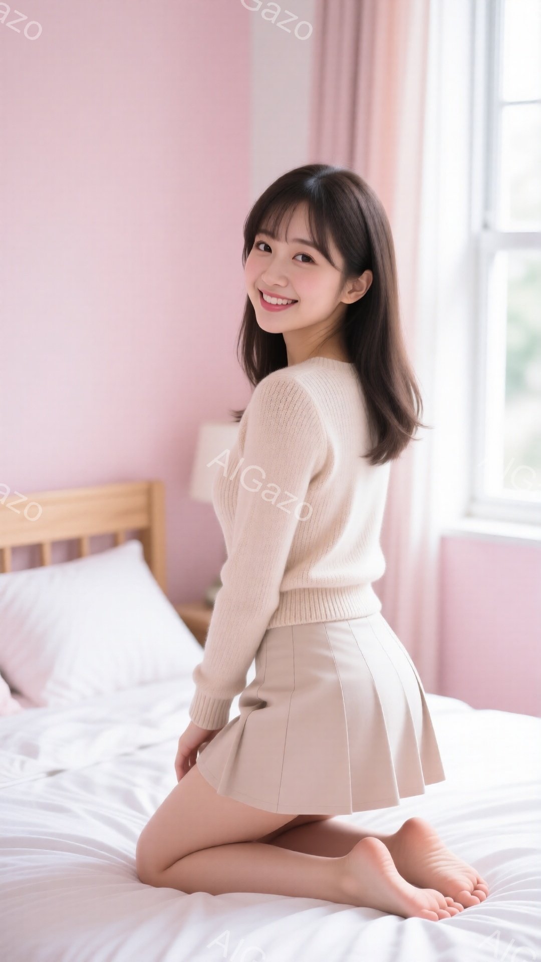 明るい室内で、女性が膝をついてベッドに座っています。ベージュのセーターとミニスカートを身に着け、笑顔でこちらを見ています。背景にはピンク色の壁と窓があり、穏やかで優しい雰囲気です。 - AI生成フリー素材